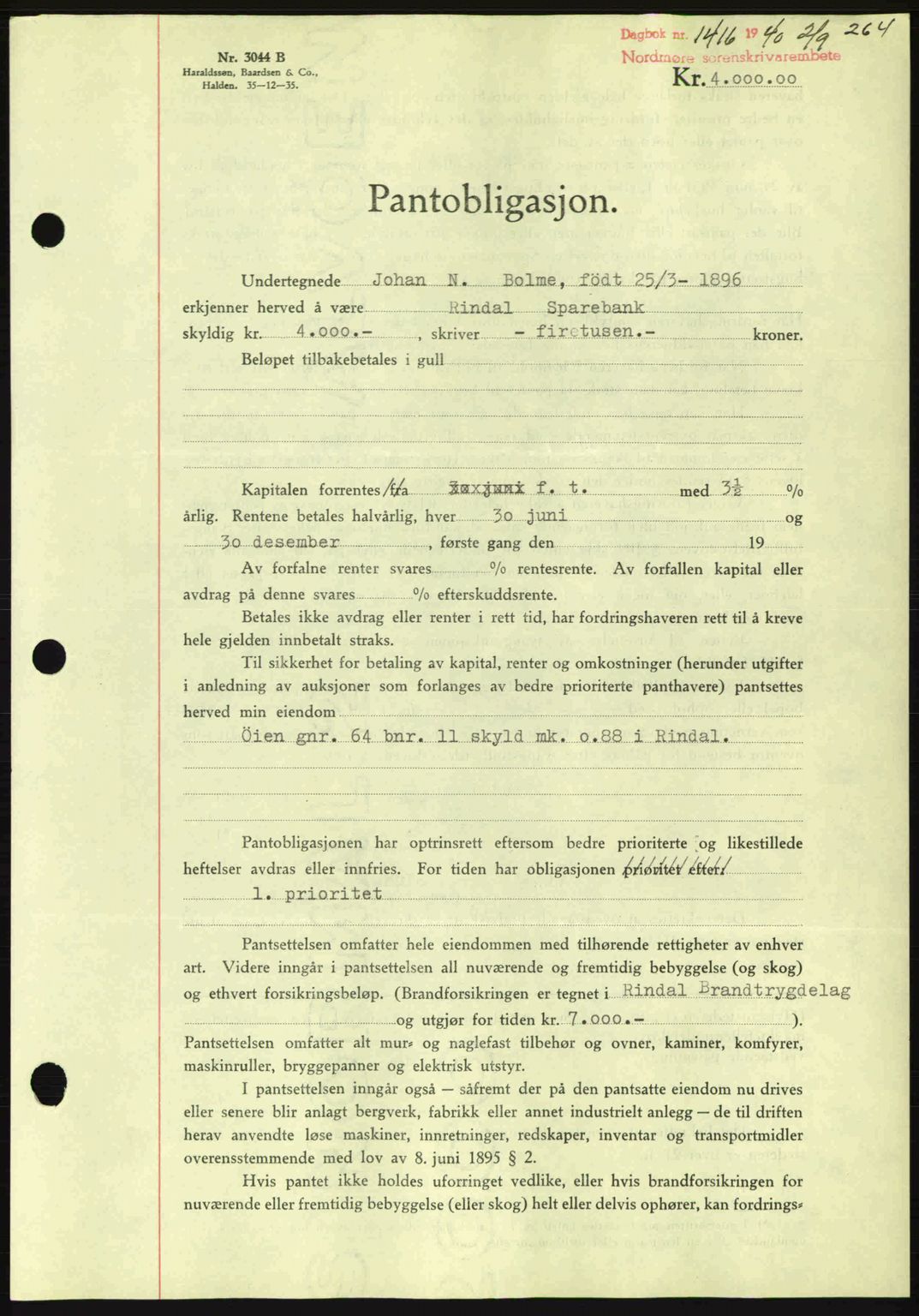 Nordmøre sorenskriveri, AV/SAT-A-4132/1/2/2Ca: Mortgage book no. B87, 1940-1941, Diary no: : 1416/1940