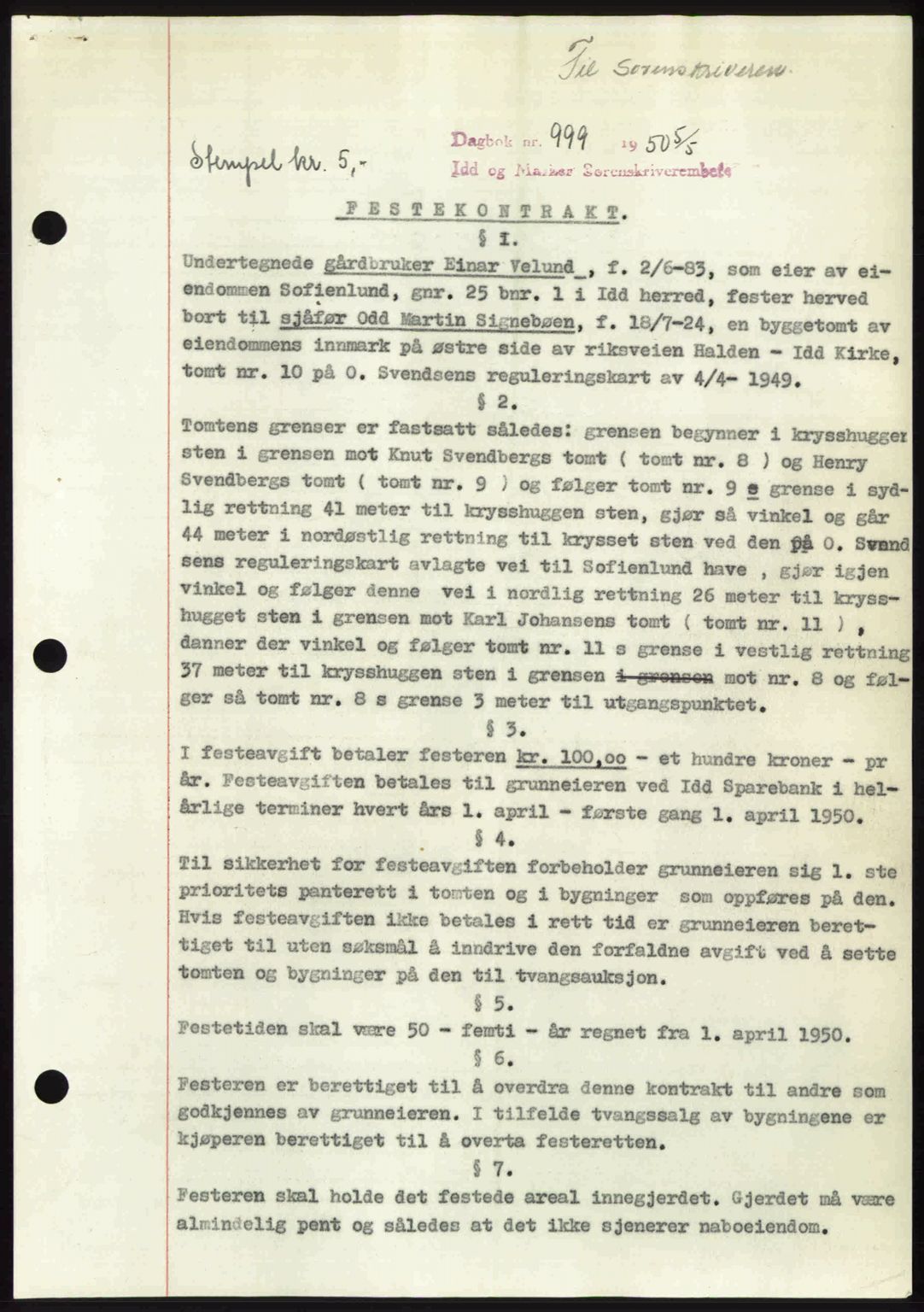 Idd og Marker sorenskriveri, AV/SAO-A-10283/G/Gb/Gbb/L0014: Mortgage book no. A14, 1950-1950, Diary no: : 999/1950