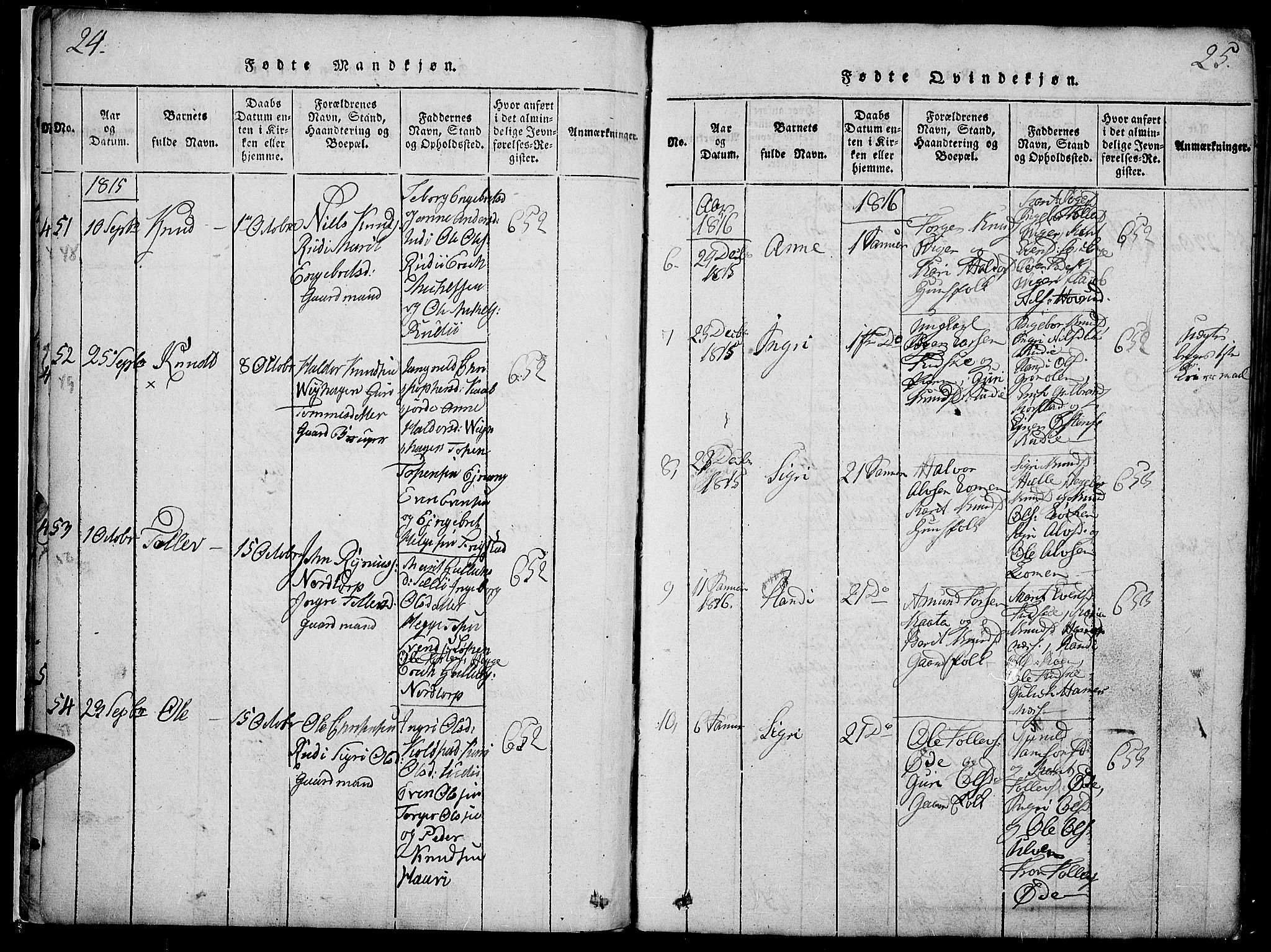 Slidre prestekontor, SAH/PREST-134/H/Ha/Haa/L0002: Parish register (official) no. 2, 1814-1830, p. 24-25