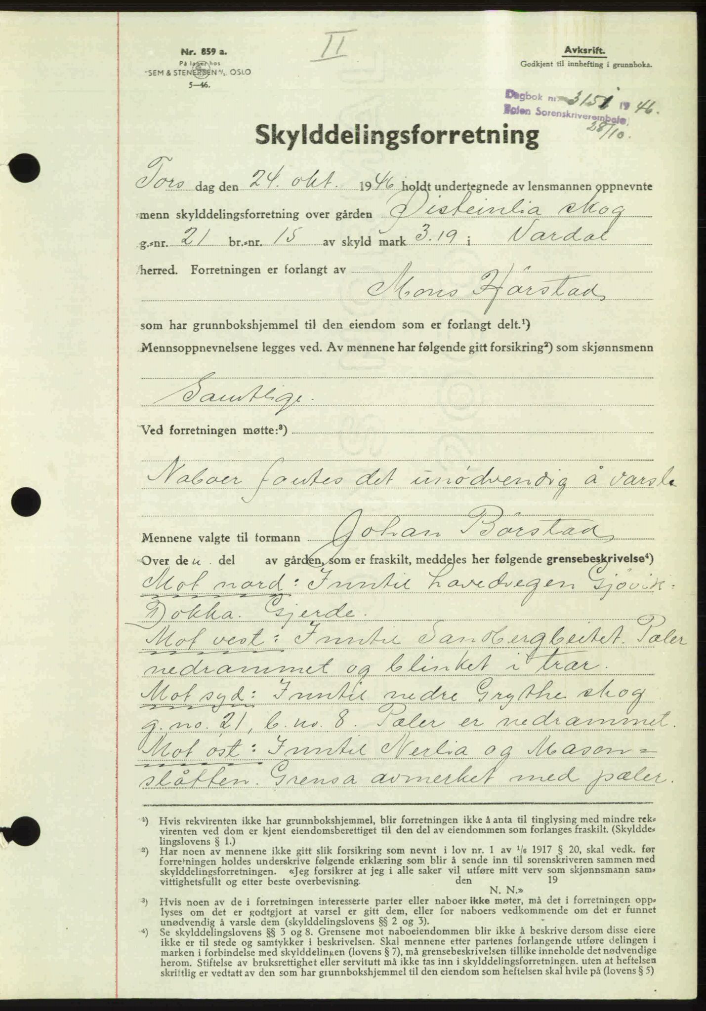 Toten tingrett, AV/SAH-TING-006/H/Hb/Hbc/L0015: Mortgage book no. Hbc-15, 1946-1946, Diary no: : 3151/1946