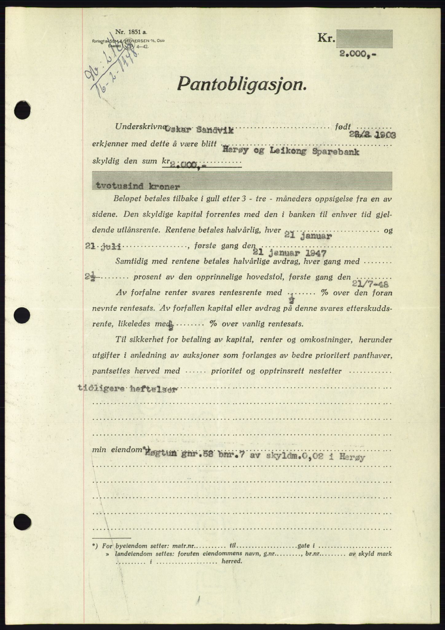 Søre Sunnmøre sorenskriveri, AV/SAT-A-4122/1/2/2C/L0115: Mortgage book no. 3B, 1947-1948, Diary no: : 216/1948