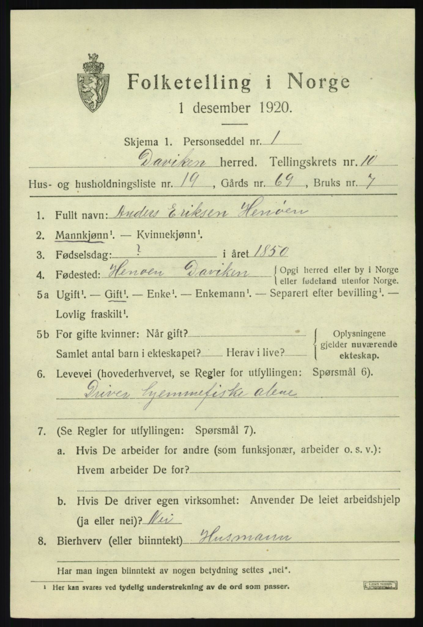 SAB, 1920 census for Davik, 1920, p. 5353