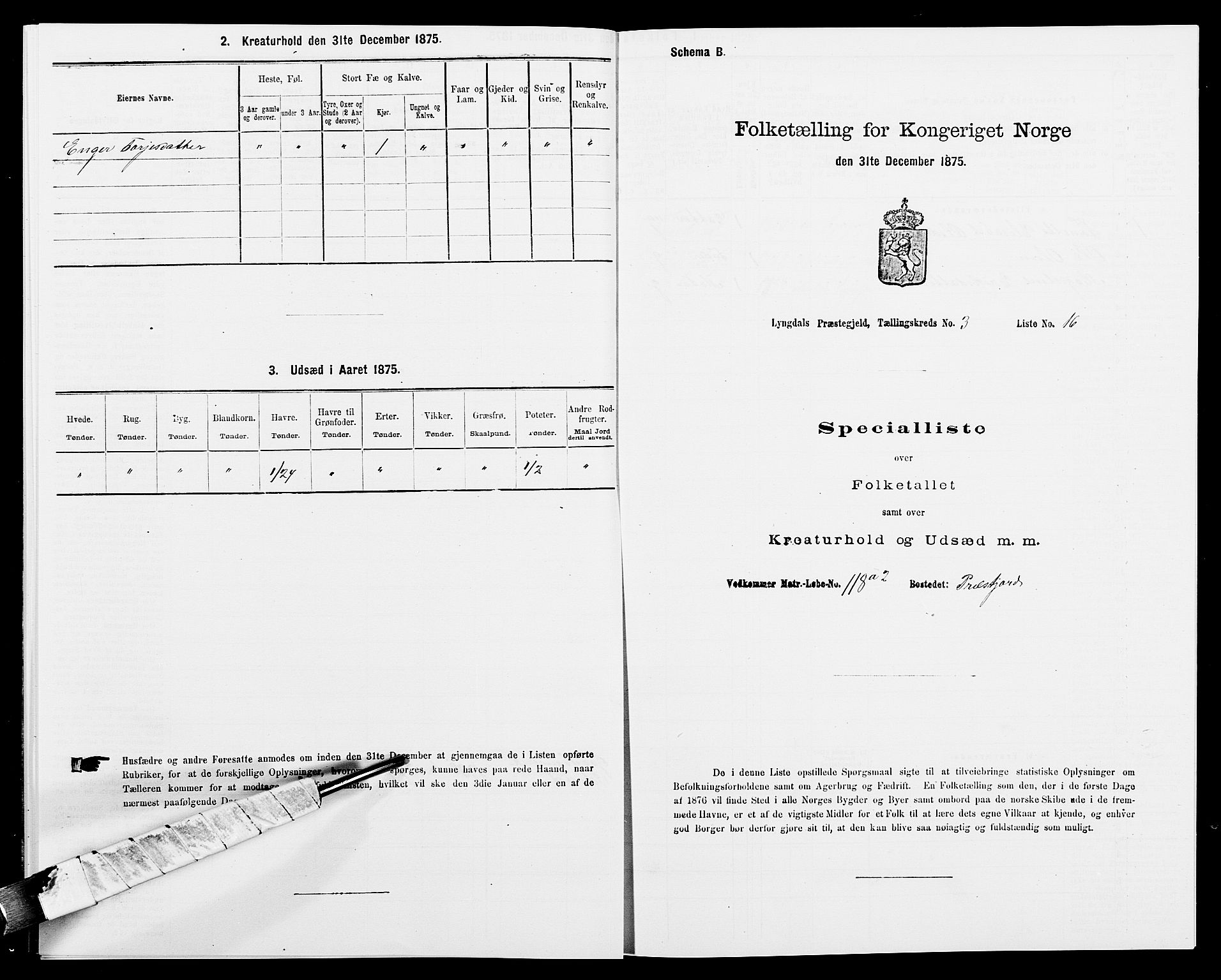 SAK, 1875 census for 1032P Lyngdal, 1875, p. 507