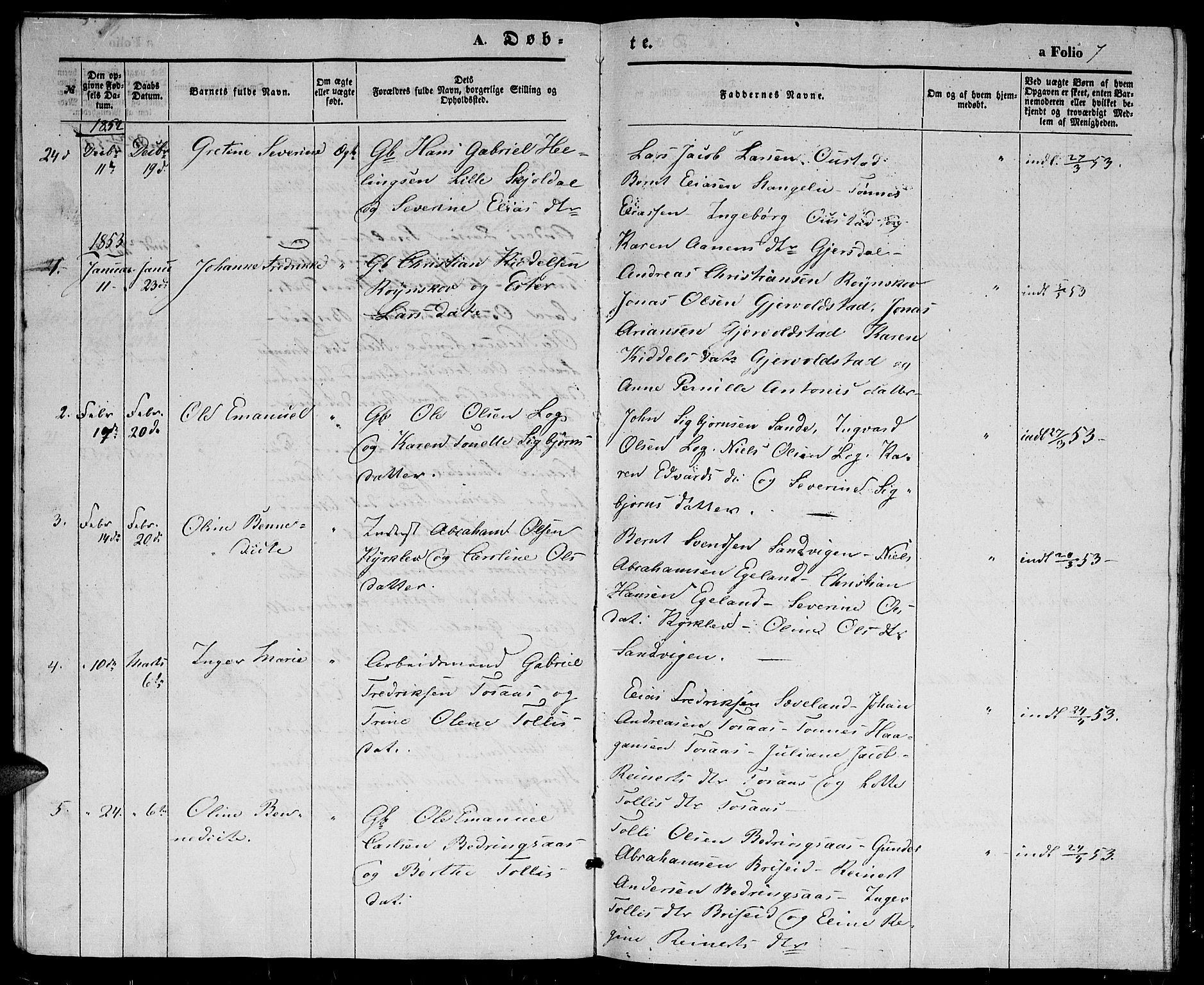 Herad sokneprestkontor, AV/SAK-1111-0018/F/Fb/Fba/L0002: Parish register (copy) no. B 2, 1852-1862, p. 7