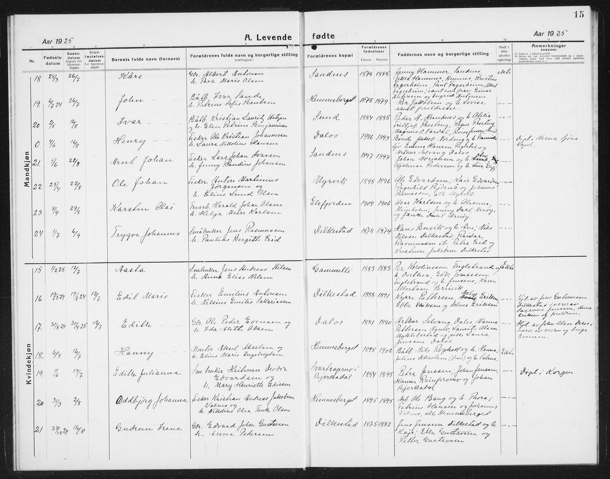 Ministerialprotokoller, klokkerbøker og fødselsregistre - Nordland, AV/SAT-A-1459/825/L0372: Parish register (copy) no. 825C09, 1923-1940, p. 15