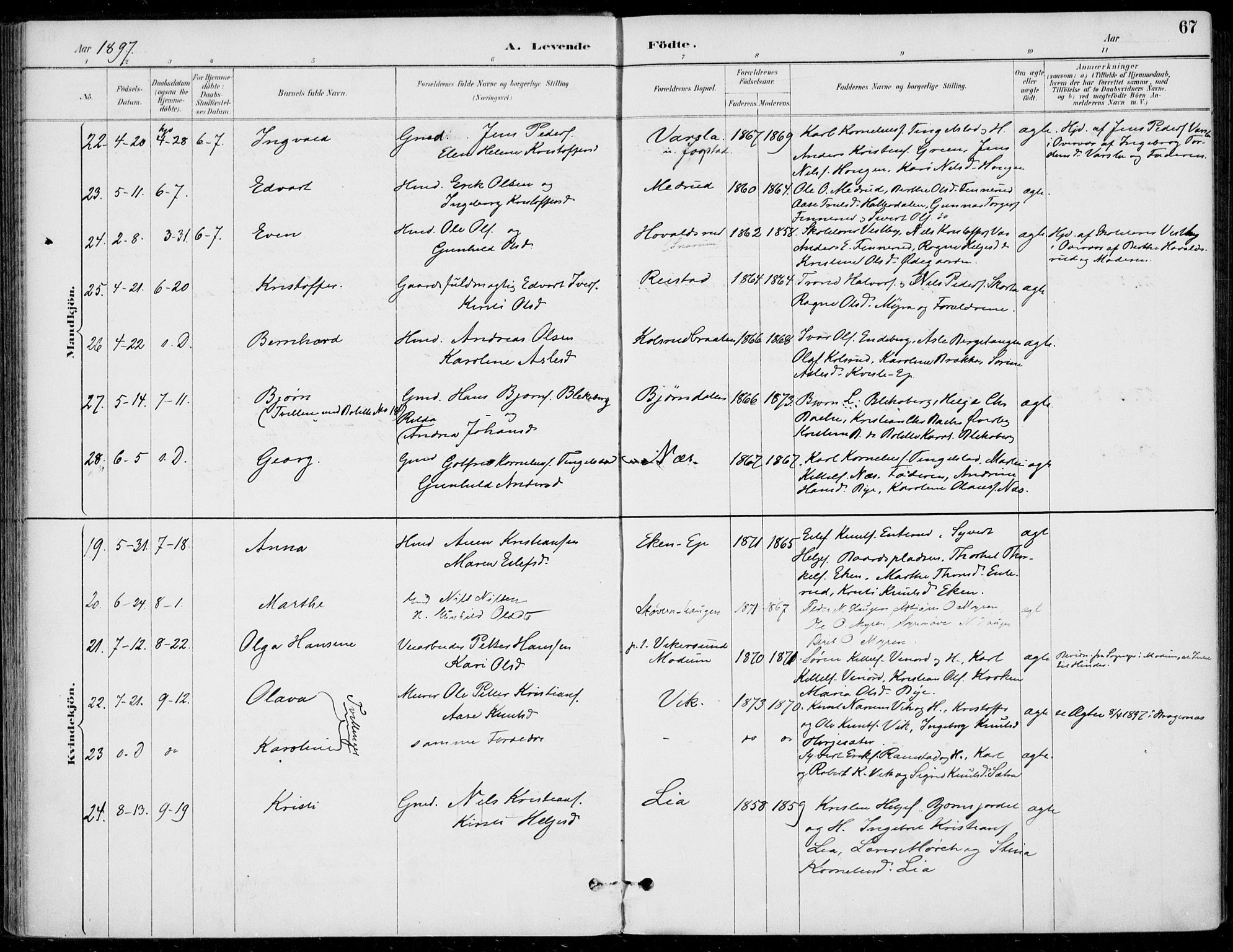 Sigdal kirkebøker, AV/SAKO-A-245/F/Fb/L0001: Parish register (official) no. II 1, 1888-1900, p. 67