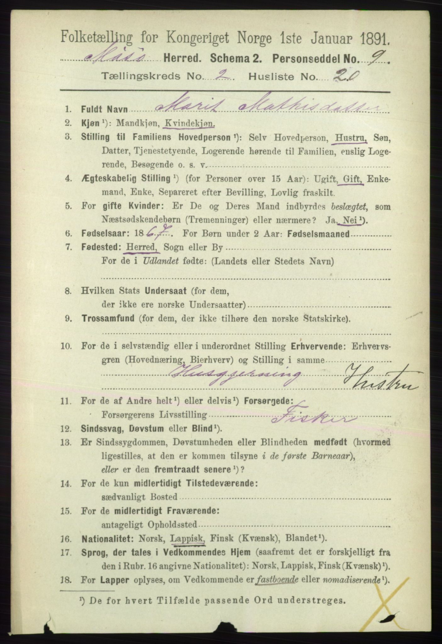 RA, 1891 census for 2018 Måsøy, 1891, p. 358