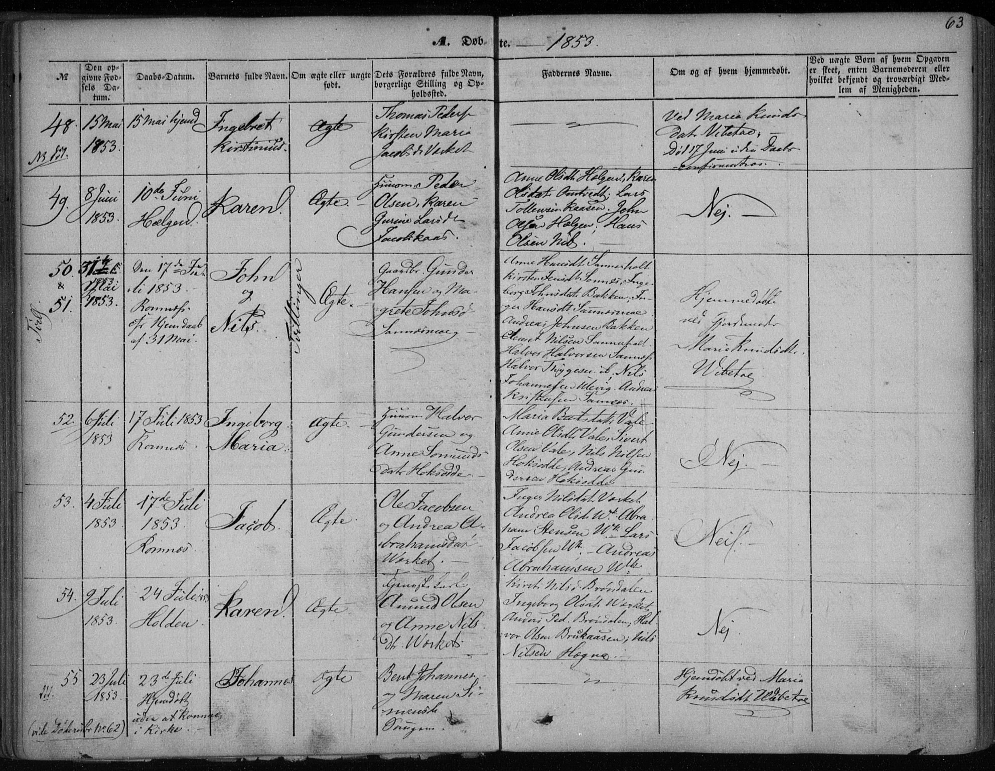 Holla kirkebøker, SAKO/A-272/F/Fa/L0005: Parish register (official) no. 5, 1849-1860, p. 63