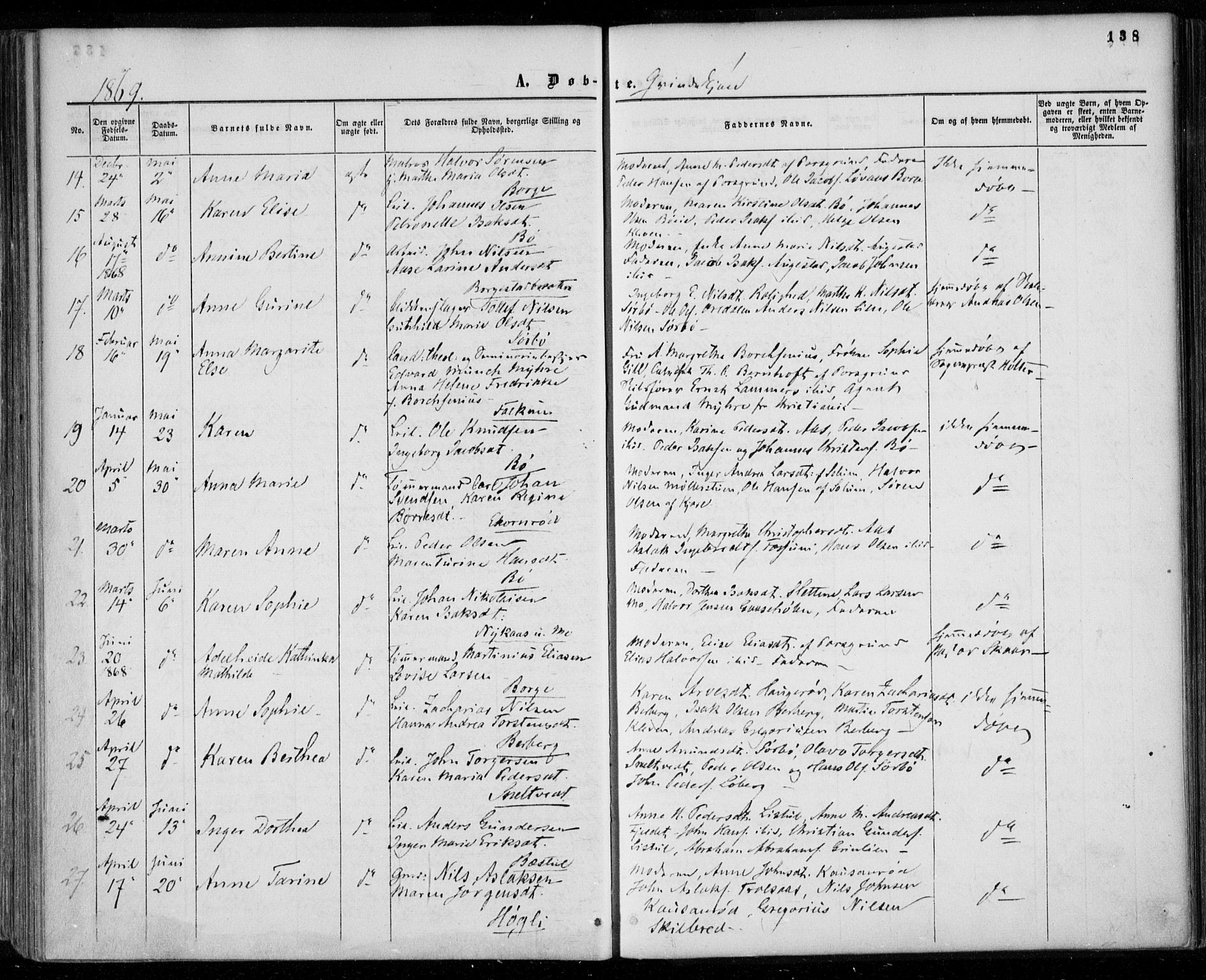 Gjerpen kirkebøker, SAKO/A-265/F/Fa/L0008a: Parish register (official) no. I 8A, 1857-1871, p. 138
