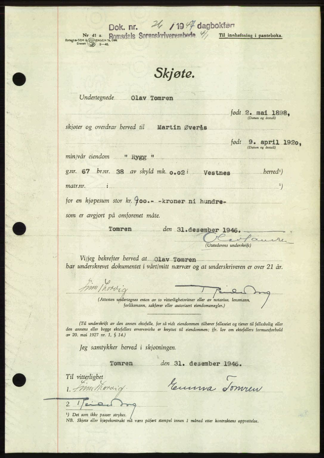 Romsdal sorenskriveri, AV/SAT-A-4149/1/2/2C: Mortgage book no. A22, 1947-1947, Diary no: : 26/1947