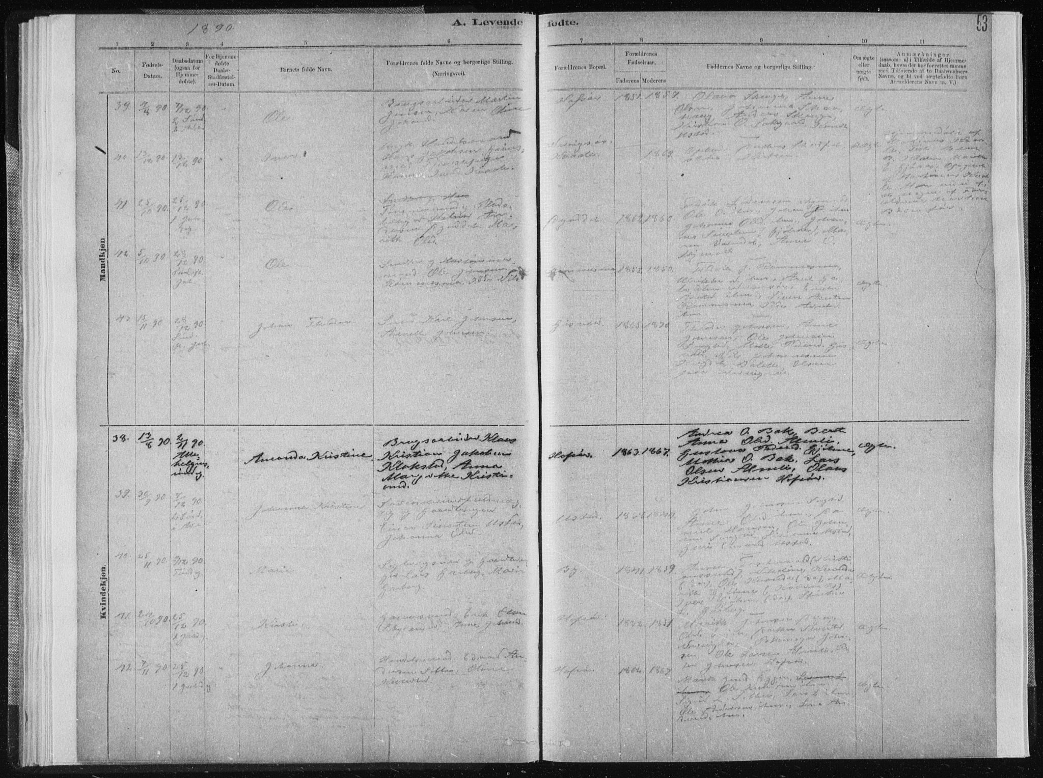 Ministerialprotokoller, klokkerbøker og fødselsregistre - Sør-Trøndelag, SAT/A-1456/668/L0818: Parish register (copy) no. 668C07, 1885-1898, p. 53