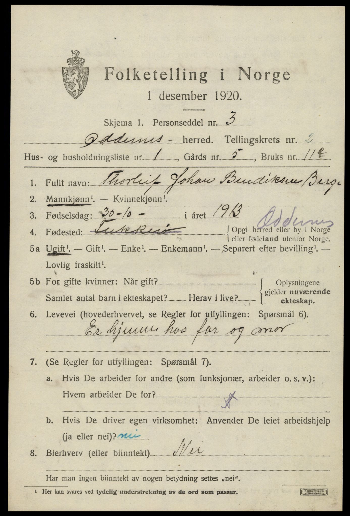 SAK, 1920 census for Oddernes, 1920, p. 2825