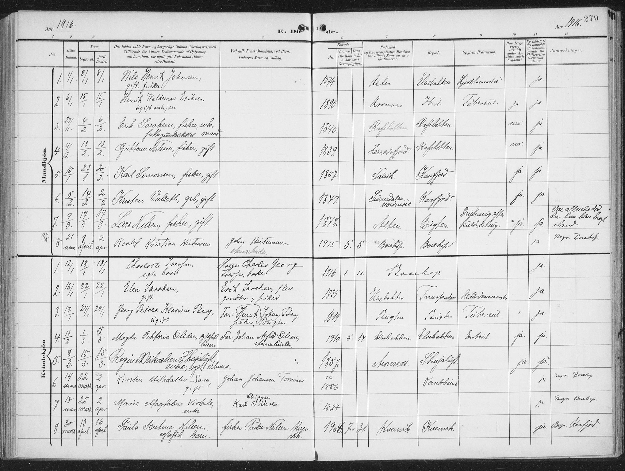 Alta sokneprestkontor, SATØ/S-1338/H/Ha/L0005.kirke: Parish register (official) no. 5, 1904-1918, p. 279