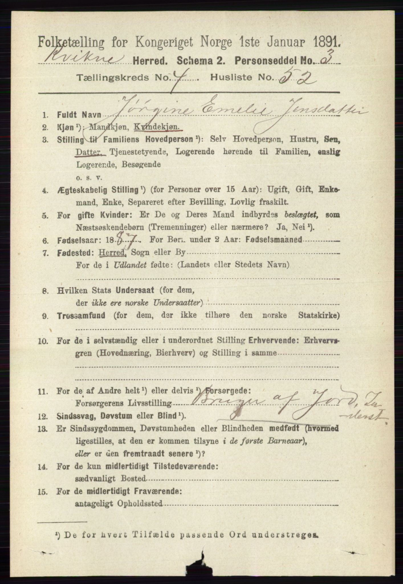 RA, 1891 census for 0440 Kvikne, 1891, p. 1281