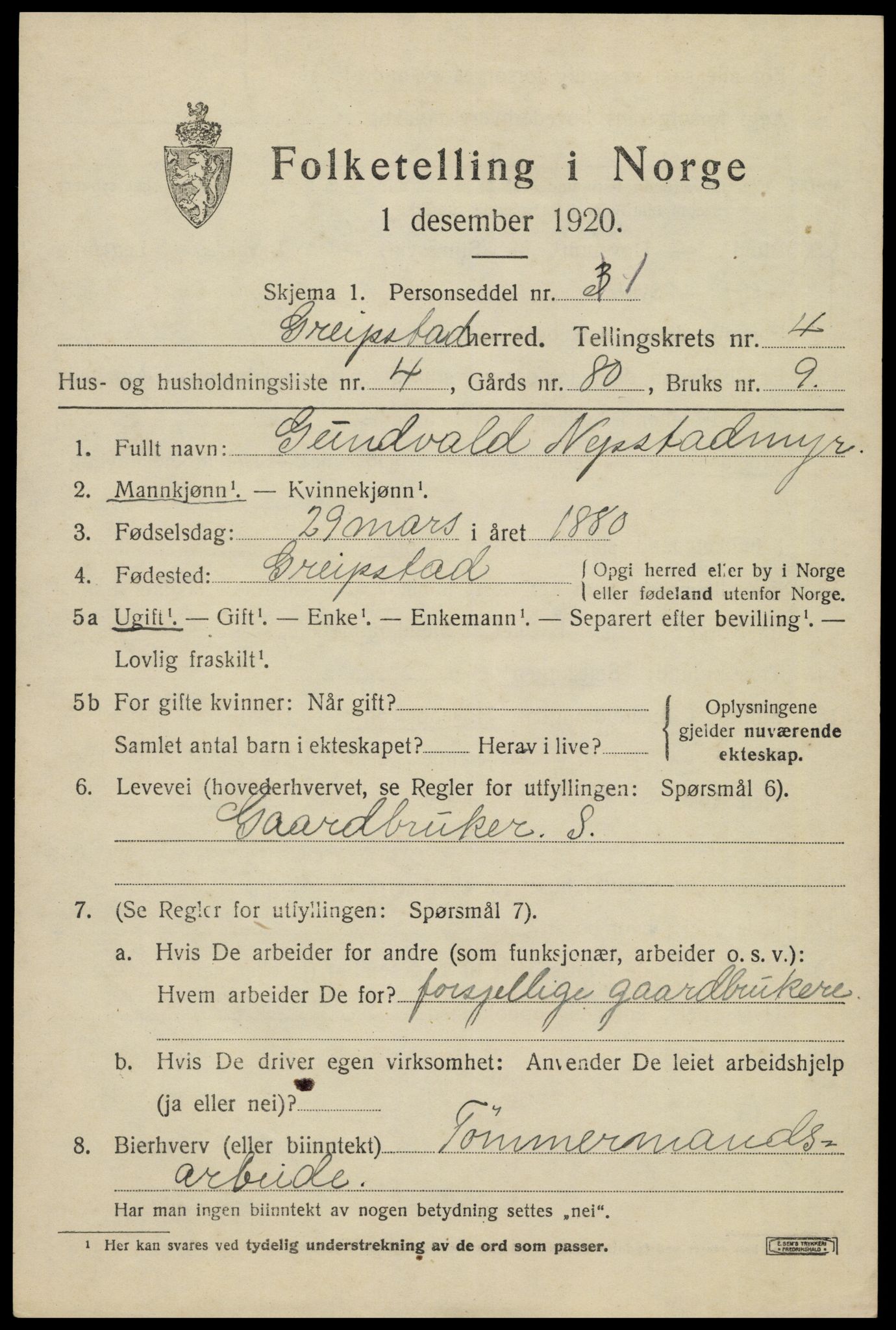 SAK, 1920 census for Greipstad, 1920, p. 1534