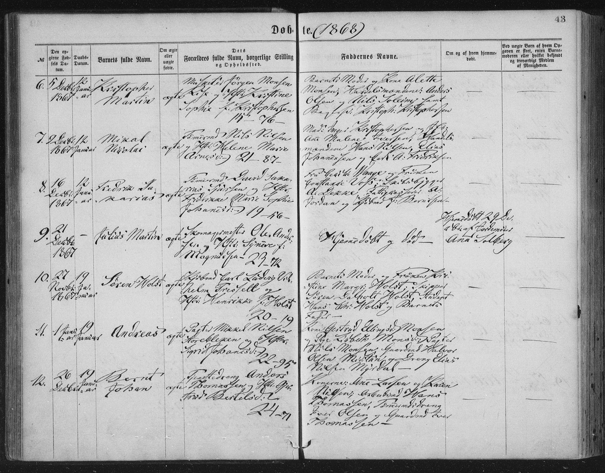 Korskirken sokneprestembete, AV/SAB-A-76101/H/Haa/L0019: Parish register (official) no. B 5, 1866-1871, p. 43