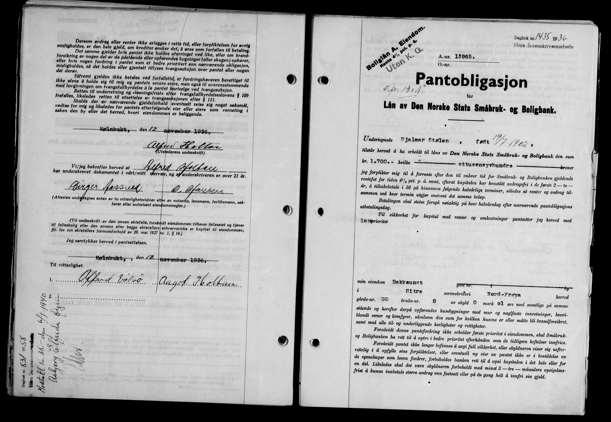 Hitra sorenskriveri, AV/SAT-A-0018/2/2C/2Ca/L0028: Mortgage book no. B-1, 1936-1939, Diary no: : 1435/1936