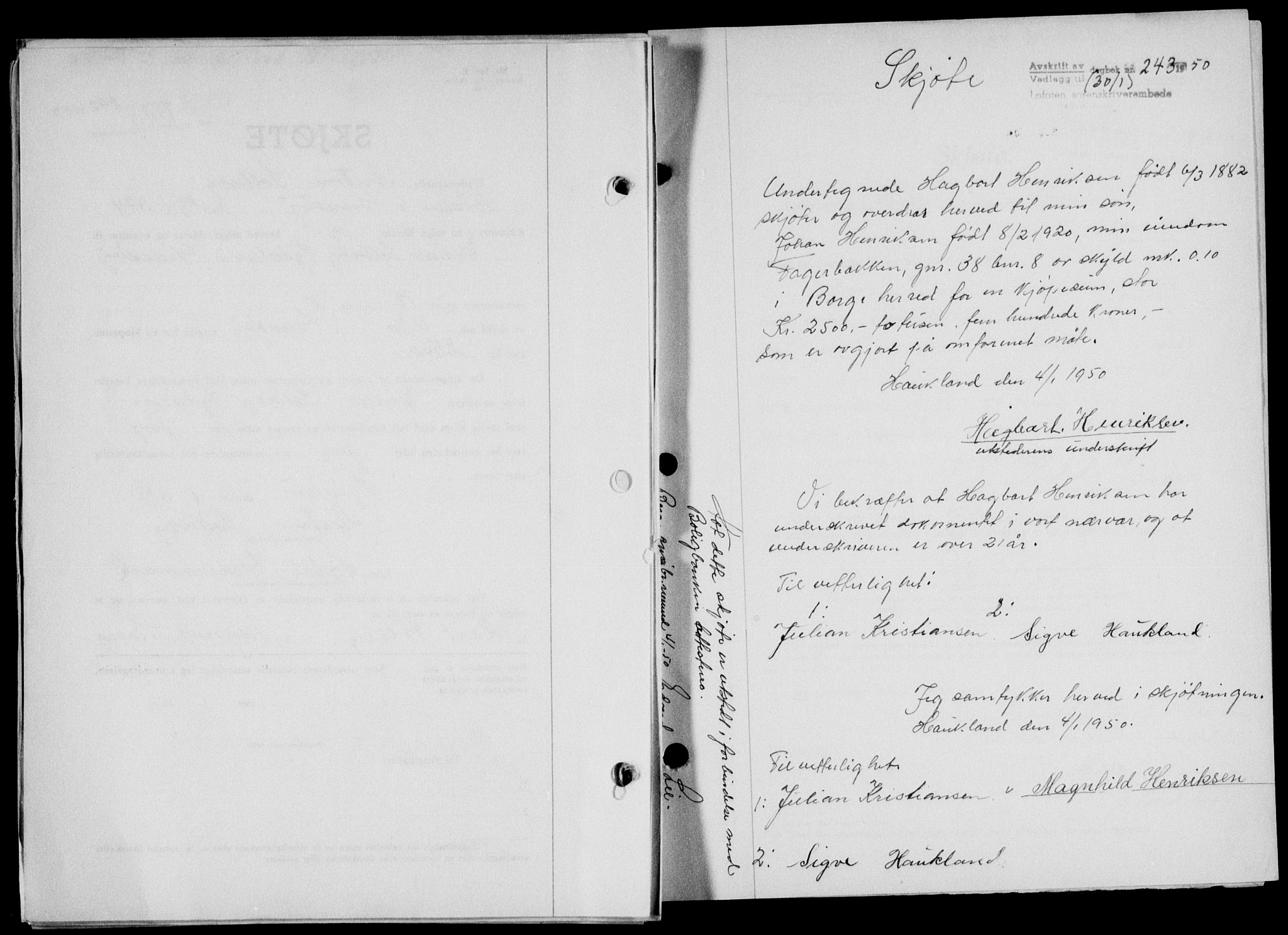 Lofoten sorenskriveri, SAT/A-0017/1/2/2C/L0022a: Mortgage book no. 22a, 1949-1950, Diary no: : 243/1950