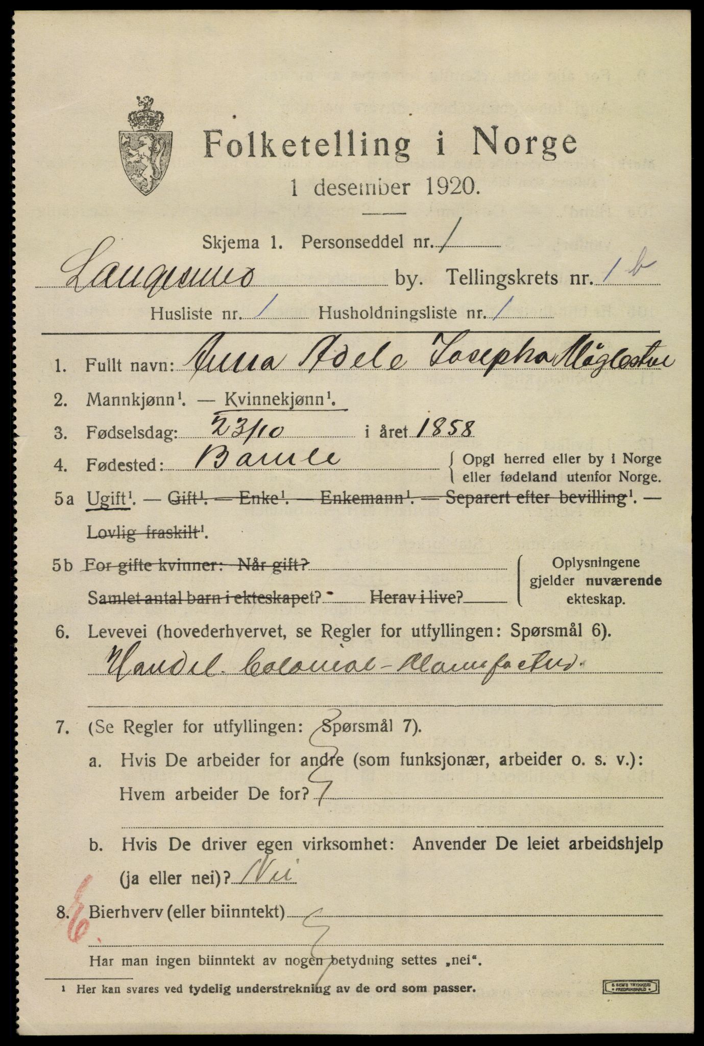 SAKO, 1920 census for Langesund, 1920, p. 2735