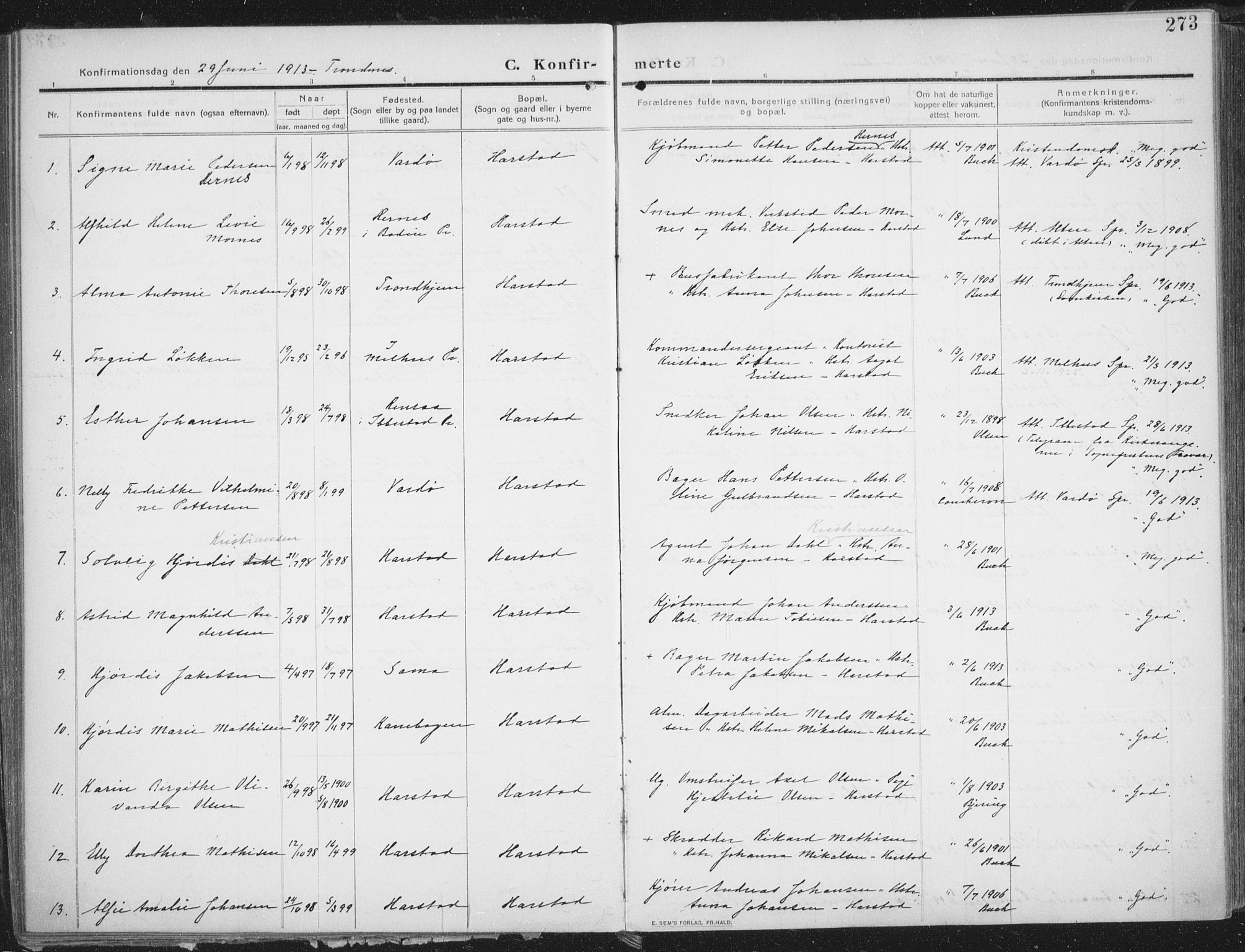 Trondenes sokneprestkontor, AV/SATØ-S-1319/H/Ha/L0018kirke: Parish register (official) no. 18, 1909-1918, p. 273