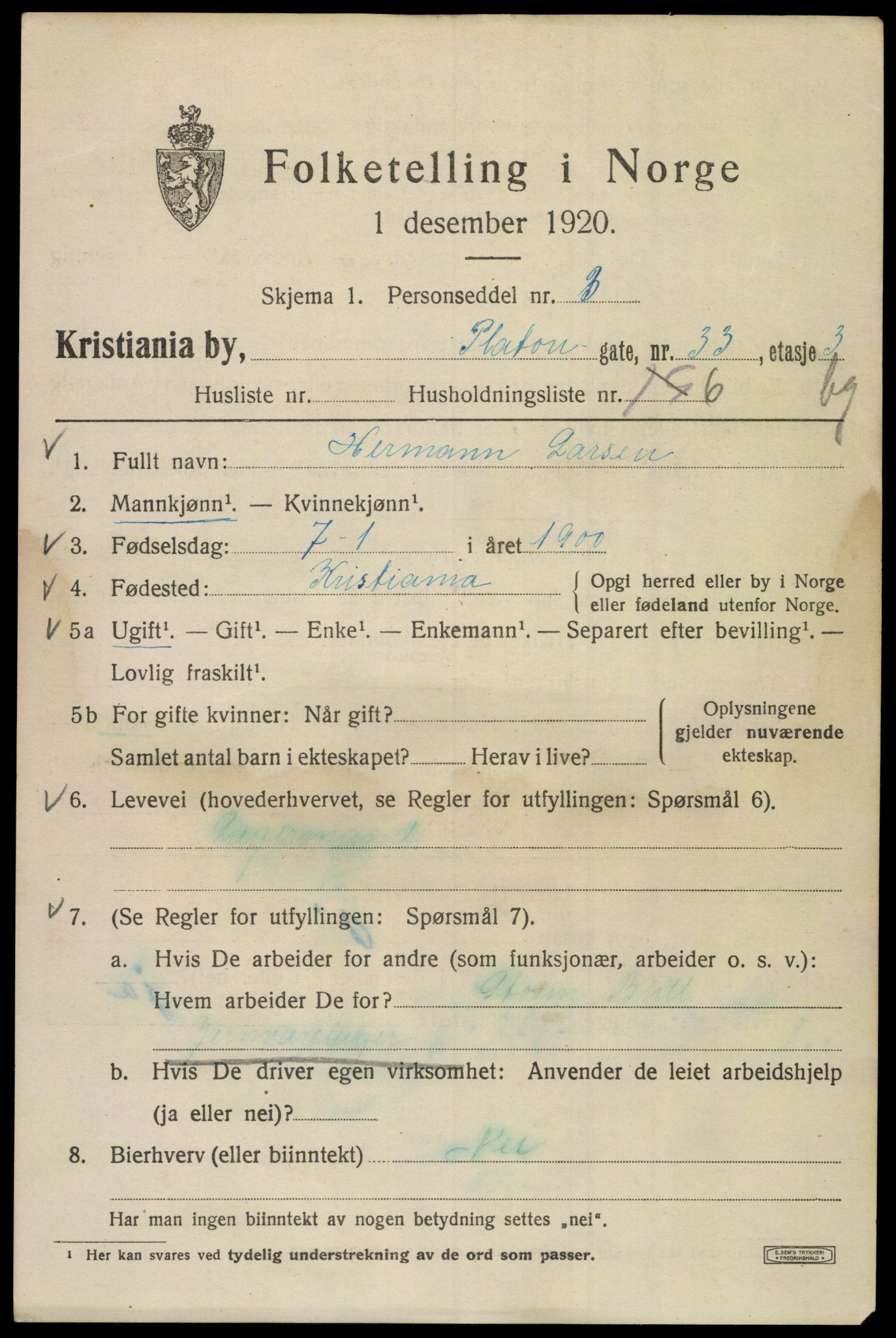 SAO, 1920 census for Kristiania, 1920, p. 456237