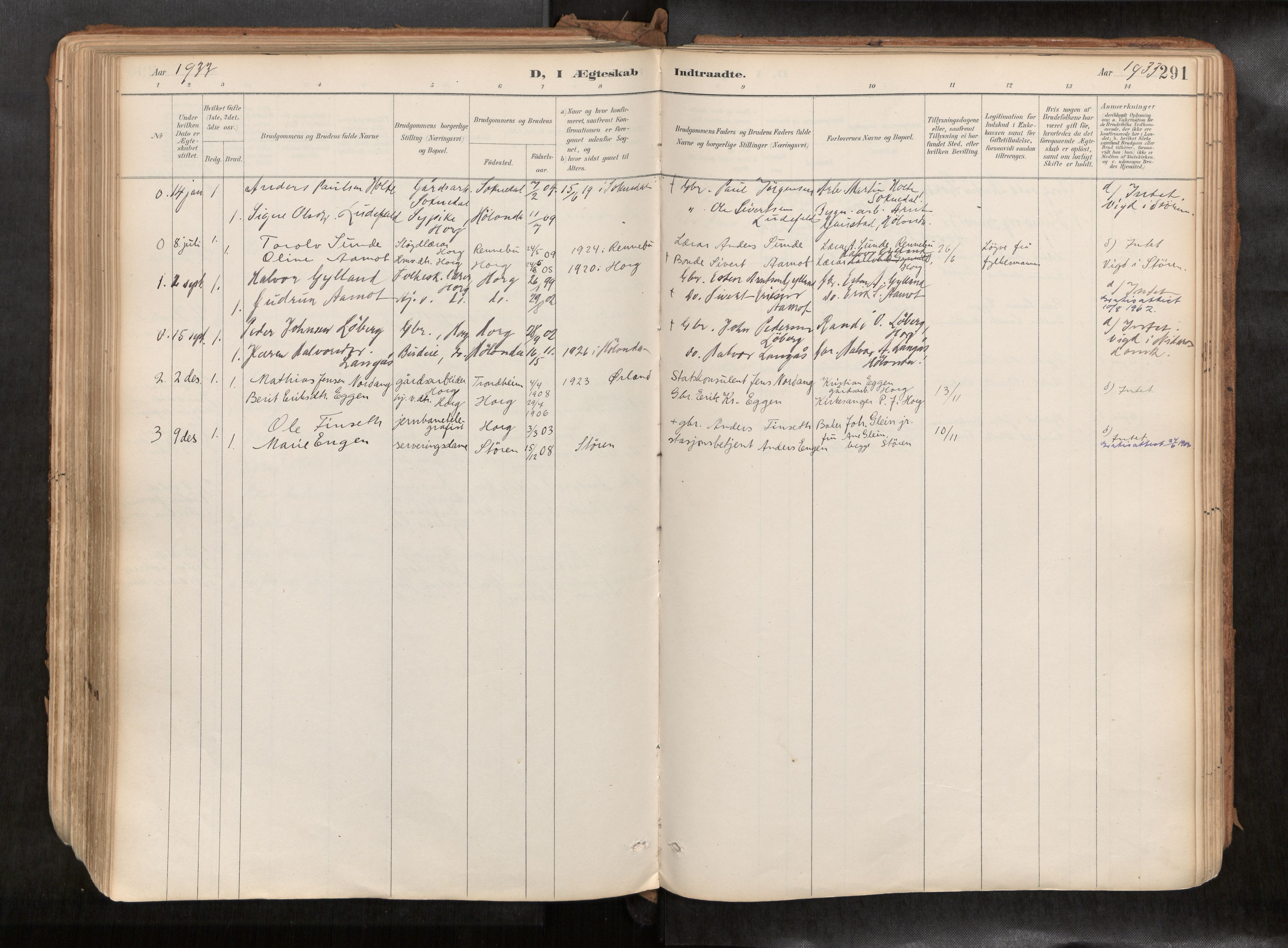 Ministerialprotokoller, klokkerbøker og fødselsregistre - Sør-Trøndelag, SAT/A-1456/692/L1105b: Parish register (official) no. 692A06, 1891-1934, p. 291