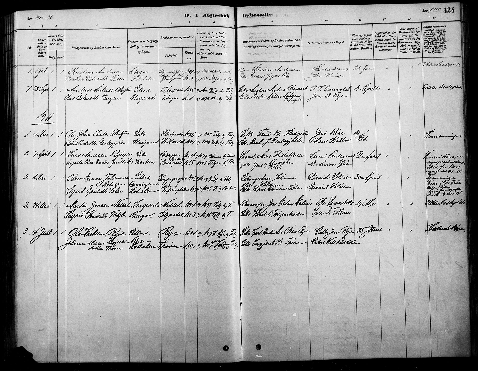 Tolga prestekontor, SAH/PREST-062/L/L0007: Parish register (copy) no. 7, 1878-1919, p. 124