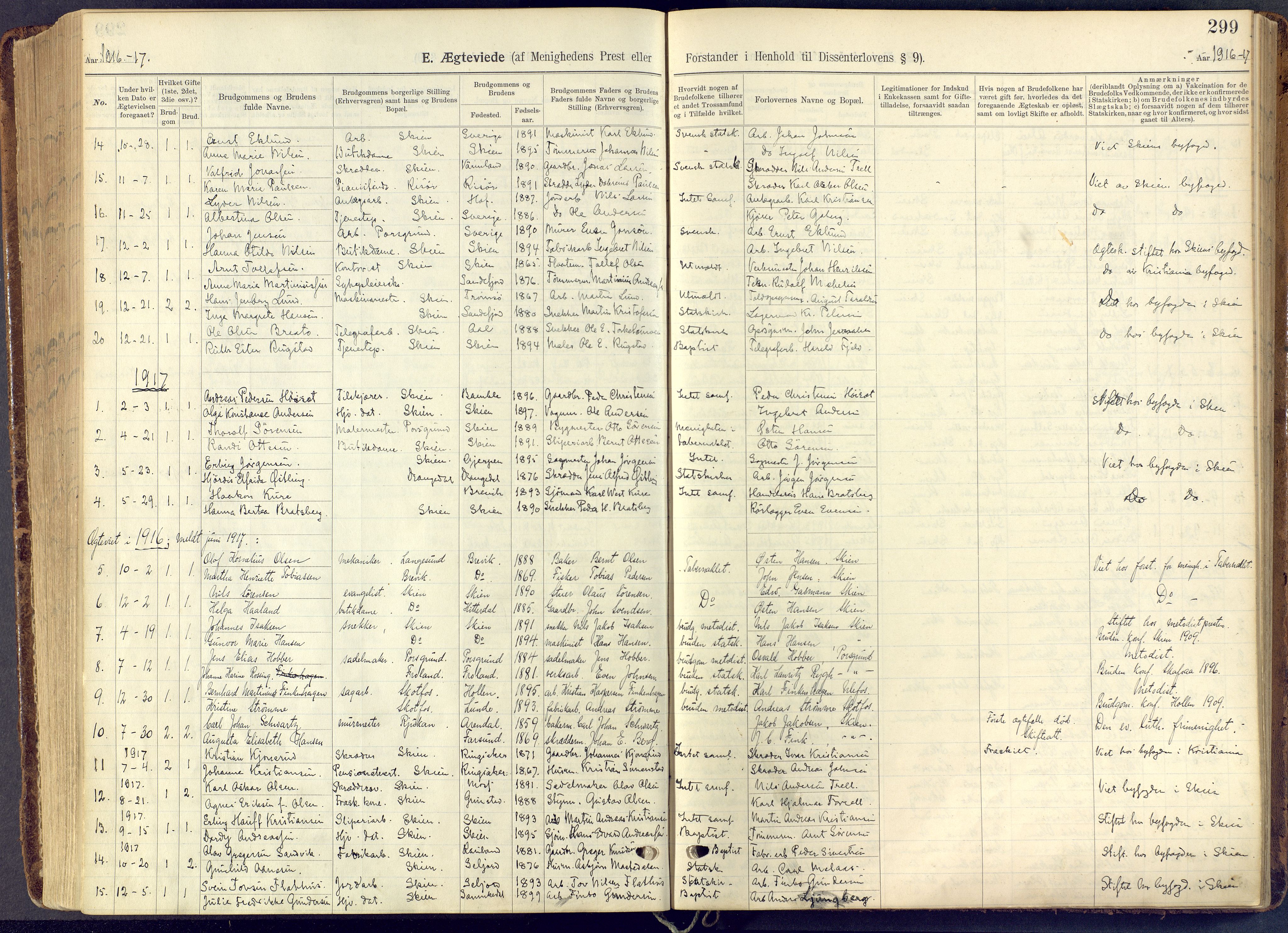 Skien kirkebøker, AV/SAKO-A-302/F/Fa/L0013: Parish register (official) no. 13, 1915-1921, p. 299