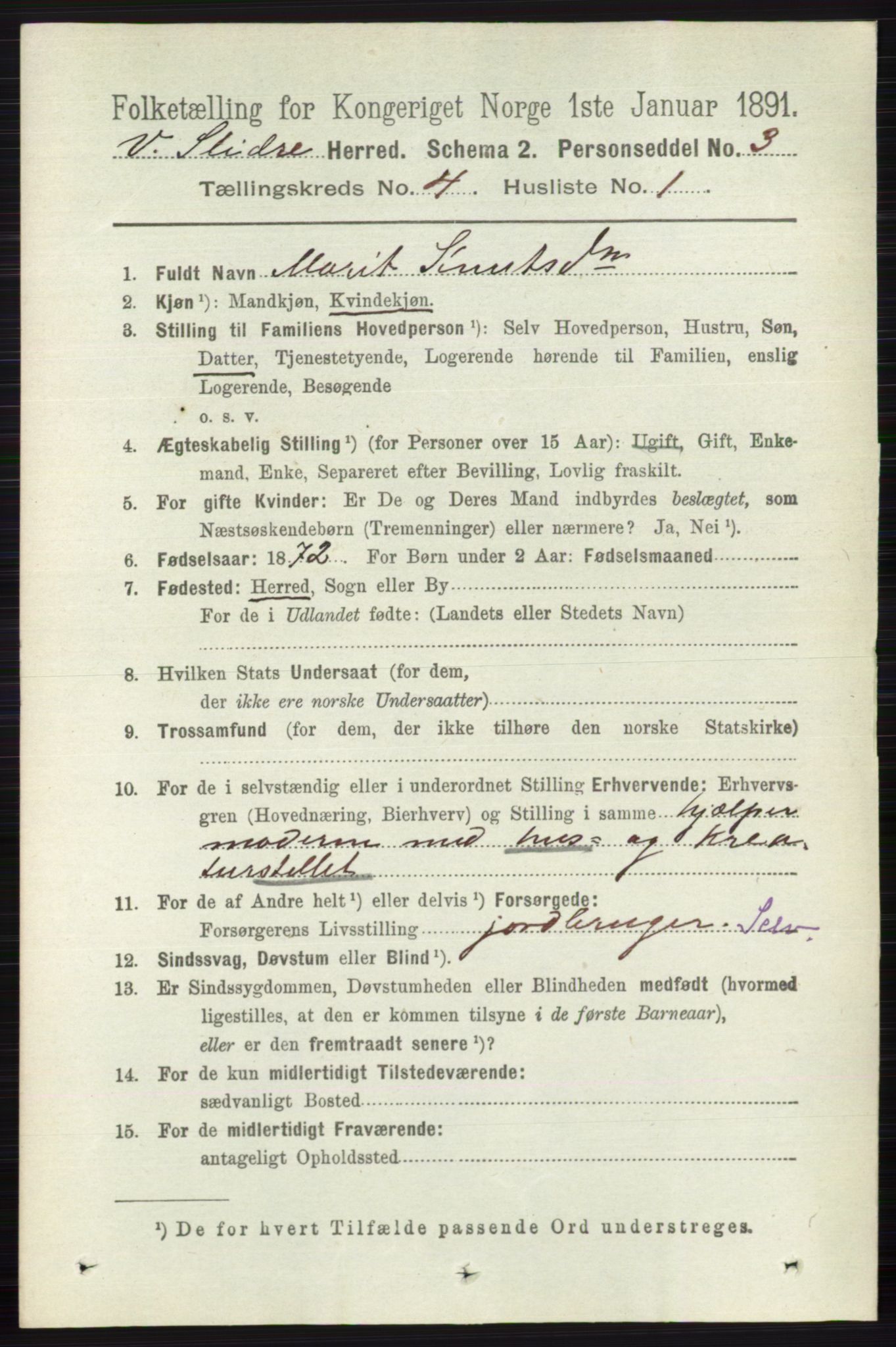 RA, 1891 census for 0543 Vestre Slidre, 1891, p. 1259