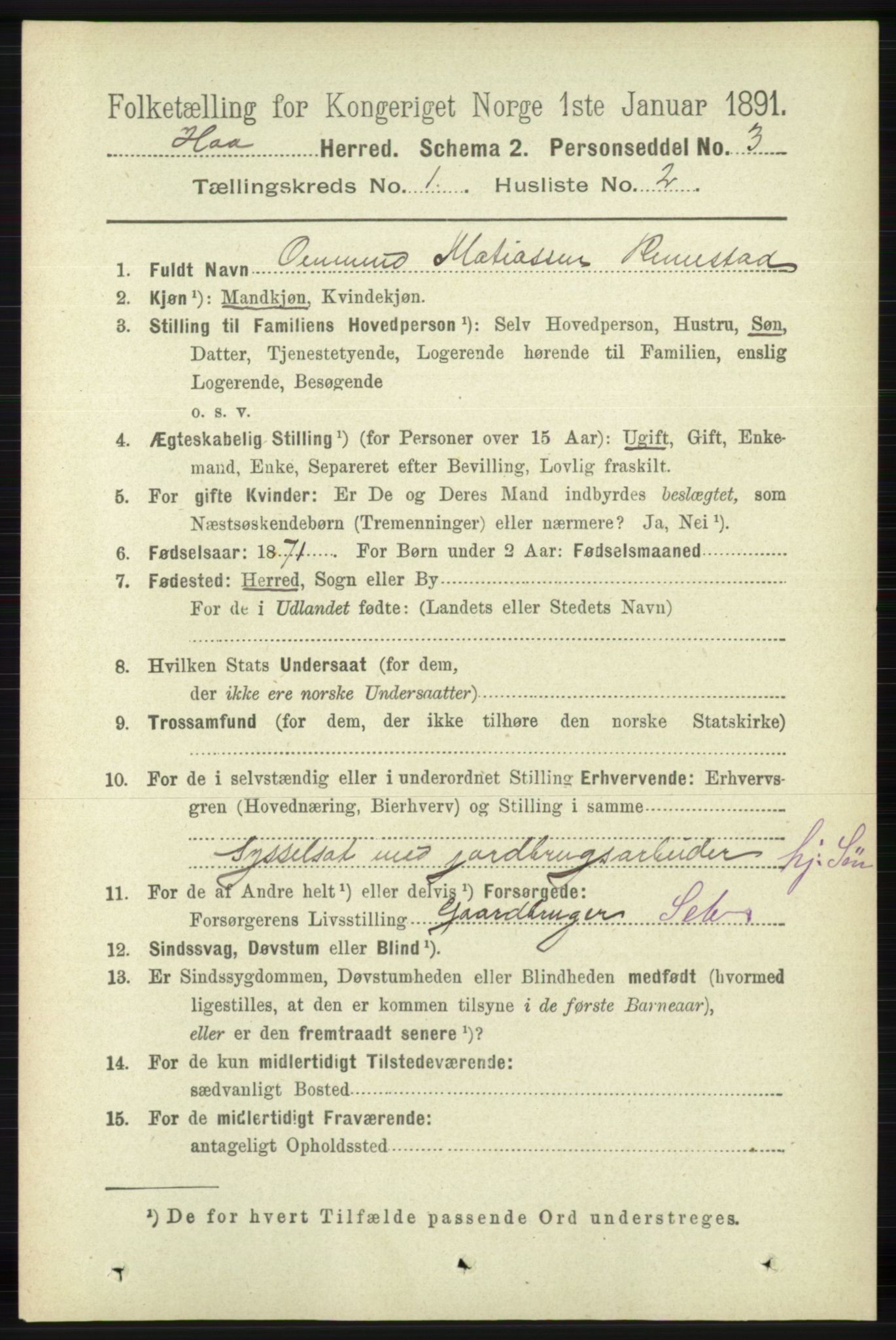 RA, 1891 census for 1119 Hå, 1891, p. 93