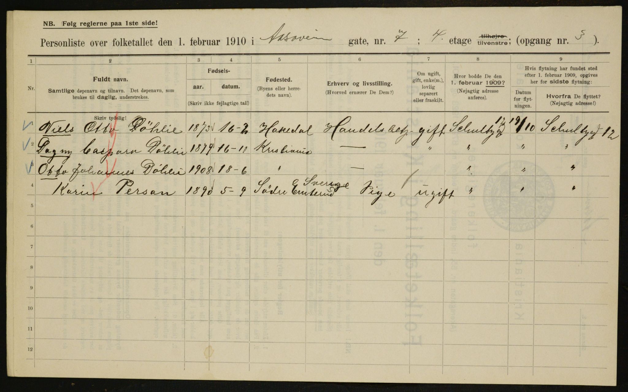 OBA, Municipal Census 1910 for Kristiania, 1910, p. 124160