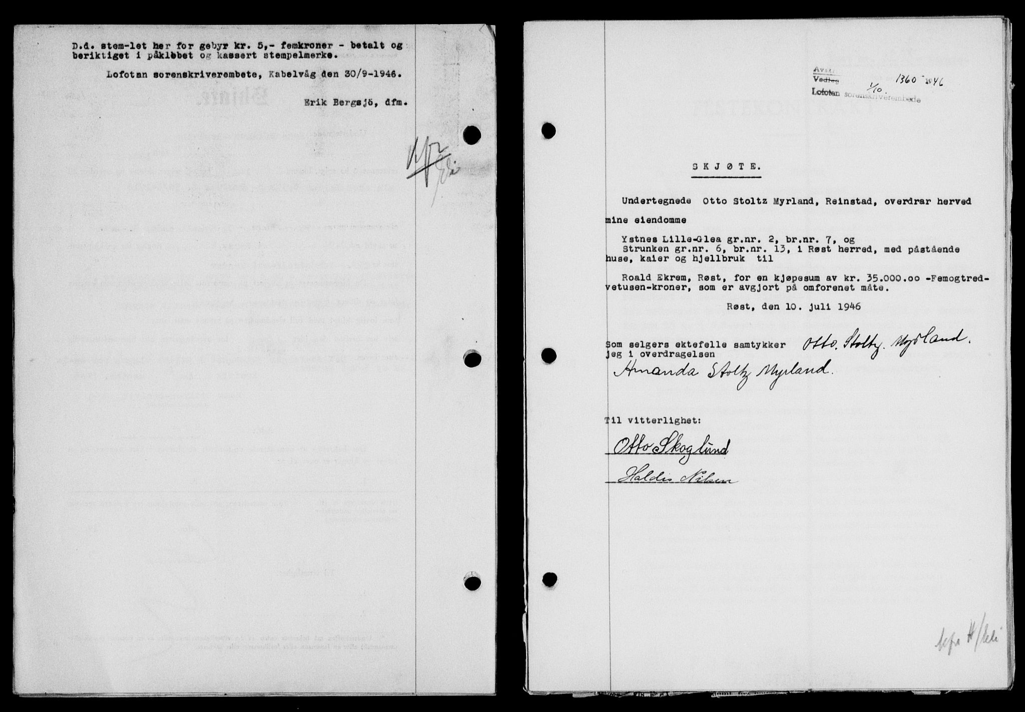 Lofoten sorenskriveri, SAT/A-0017/1/2/2C/L0014a: Mortgage book no. 14a, 1946-1946, Diary no: : 1360/1946