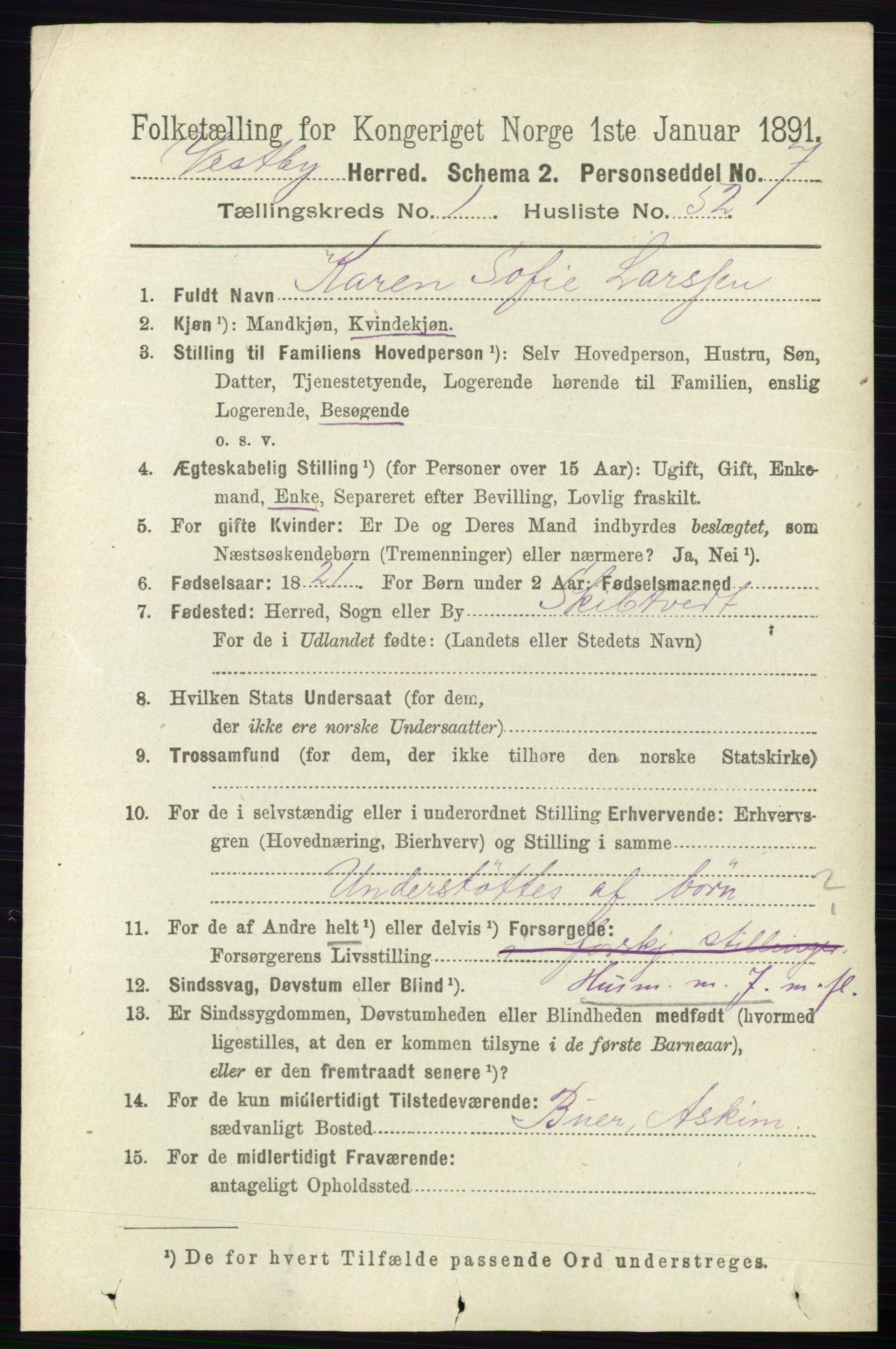 RA, 1891 census for 0211 Vestby, 1891, p. 345