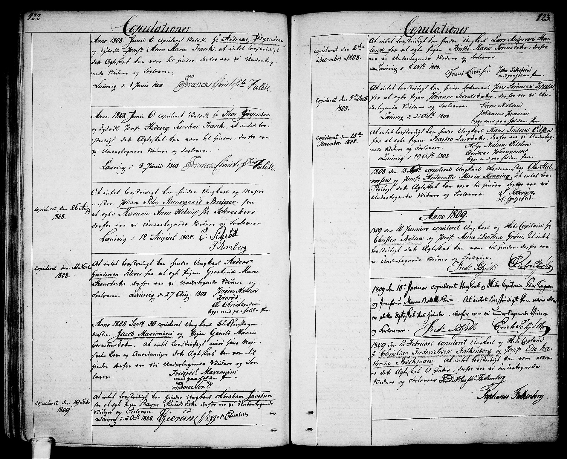 Larvik kirkebøker, SAKO/A-352/G/Ga/L0002: Parish register (copy) no. I 2, 1807-1830, p. 422-423