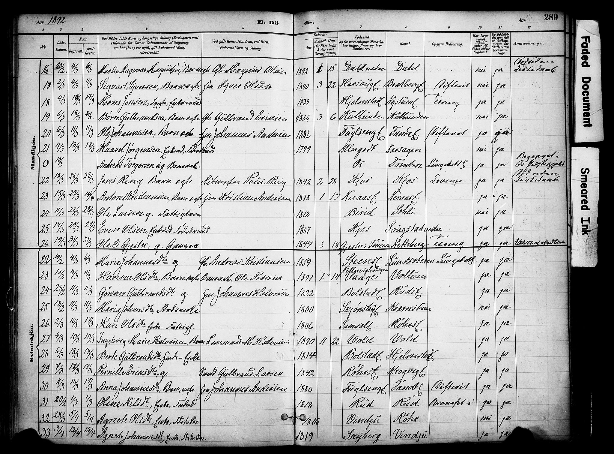 Ringsaker prestekontor, AV/SAH-PREST-014/K/Ka/L0017: Parish register (official) no. 17, 1891-1902, p. 289