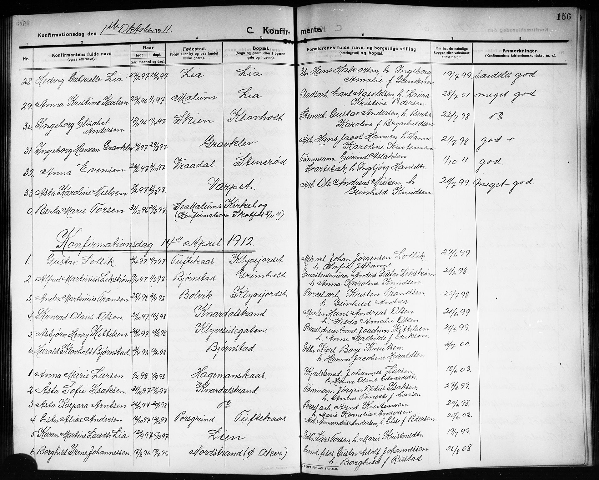 Solum kirkebøker, SAKO/A-306/G/Ga/L0009: Parish register (copy) no. I 9, 1909-1922, p. 156