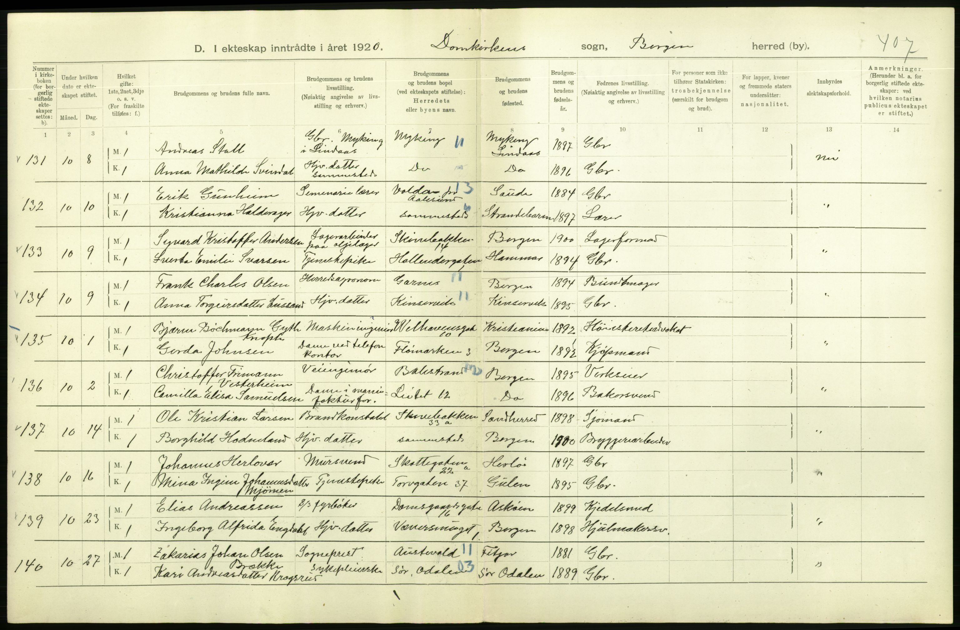 Statistisk sentralbyrå, Sosiodemografiske emner, Befolkning, AV/RA-S-2228/D/Df/Dfb/Dfbj/L0042: Bergen: Gifte, døde, dødfødte., 1920, p. 228