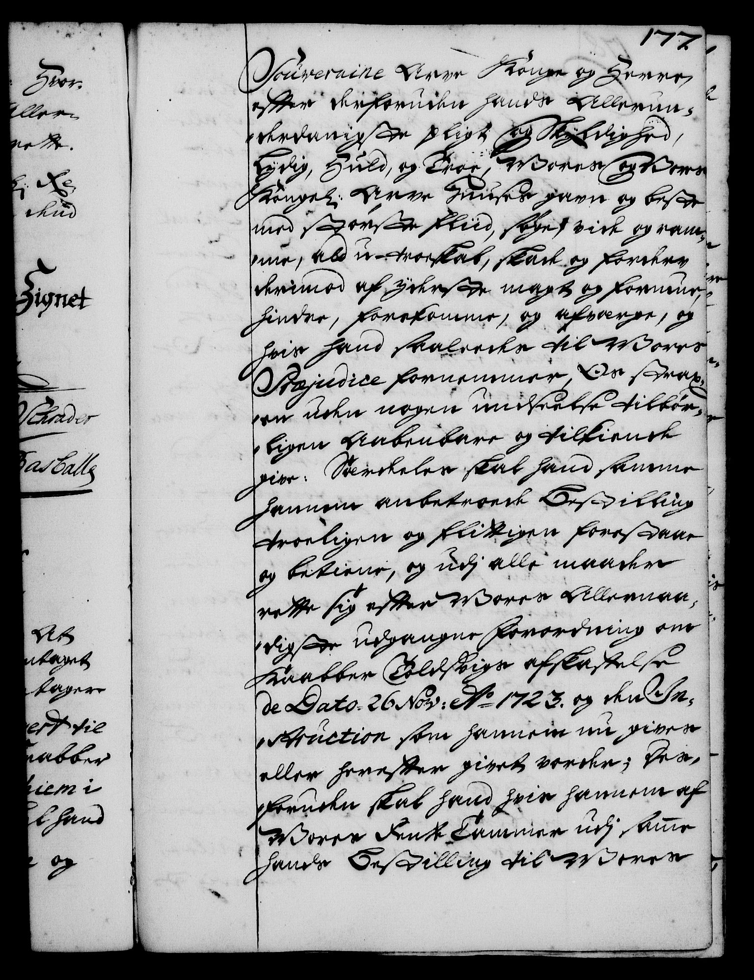 Rentekammeret, Kammerkanselliet, RA/EA-3111/G/Gg/Gge/L0001: Norsk bestallingsprotokoll med register (merket RK 53.25), 1720-1730, p. 177