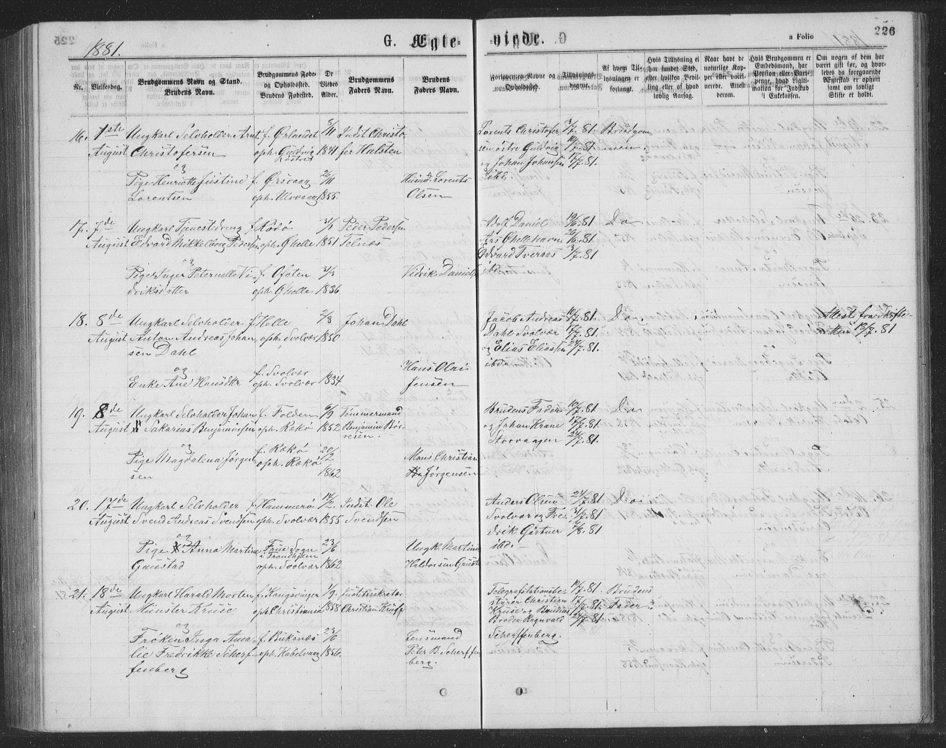 Ministerialprotokoller, klokkerbøker og fødselsregistre - Nordland, AV/SAT-A-1459/874/L1075: Parish register (copy) no. 874C04, 1876-1883, p. 226