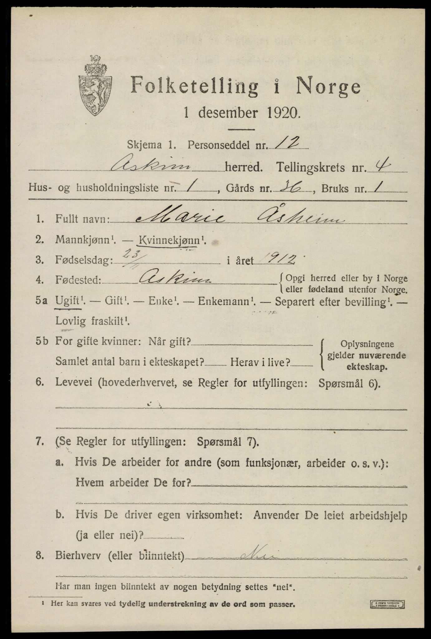 SAO, 1920 census for Askim, 1920, p. 7993