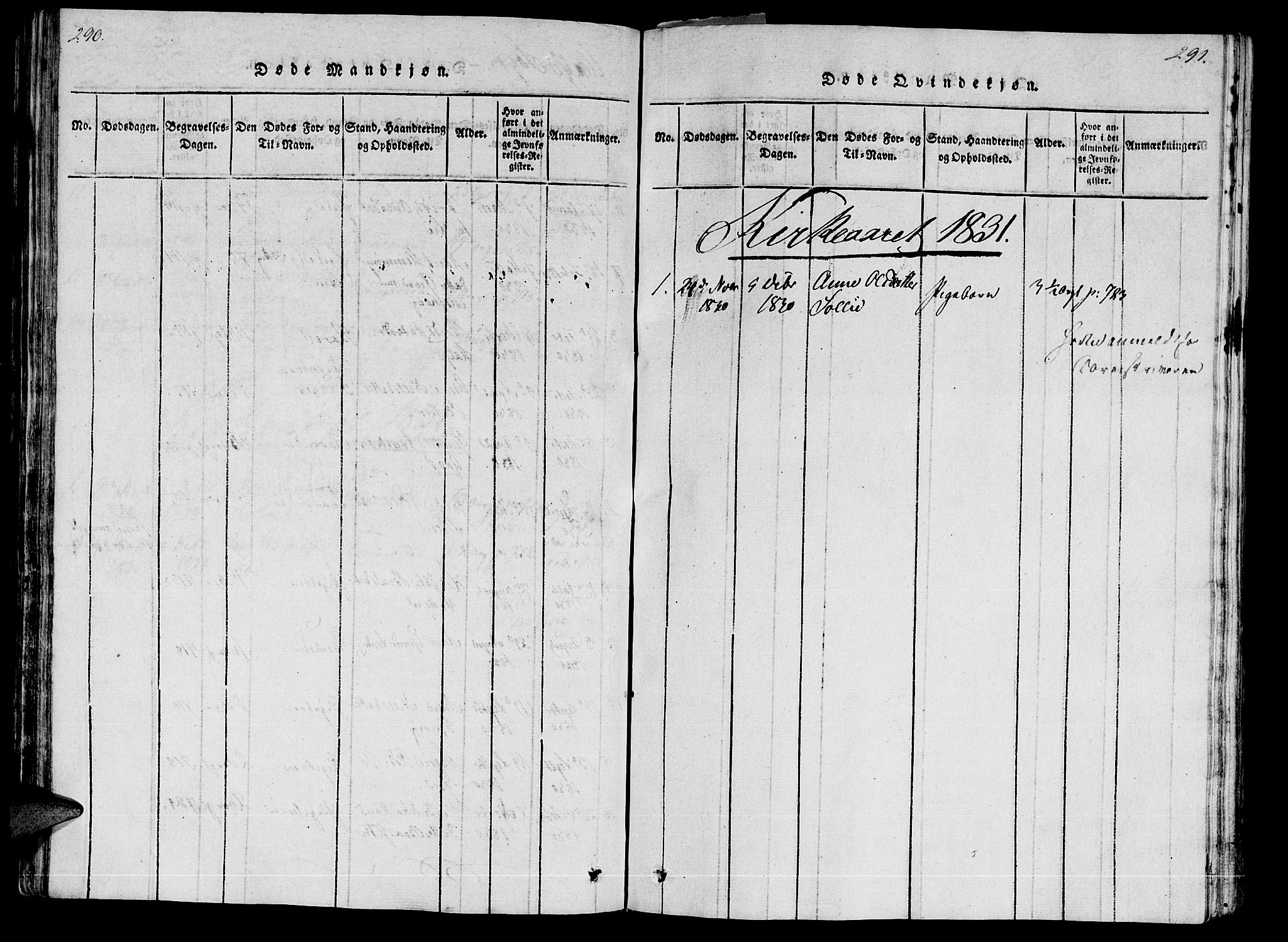 Ministerialprotokoller, klokkerbøker og fødselsregistre - Møre og Romsdal, AV/SAT-A-1454/592/L1023: Parish register (official) no. 592A02, 1820-1830, p. 290-291