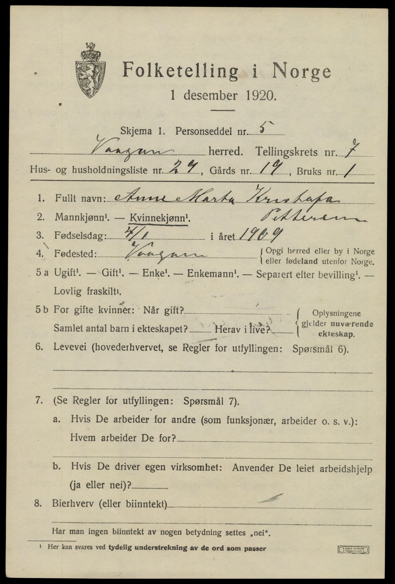 SAT, 1920 census for Vågan, 1920, p. 6755