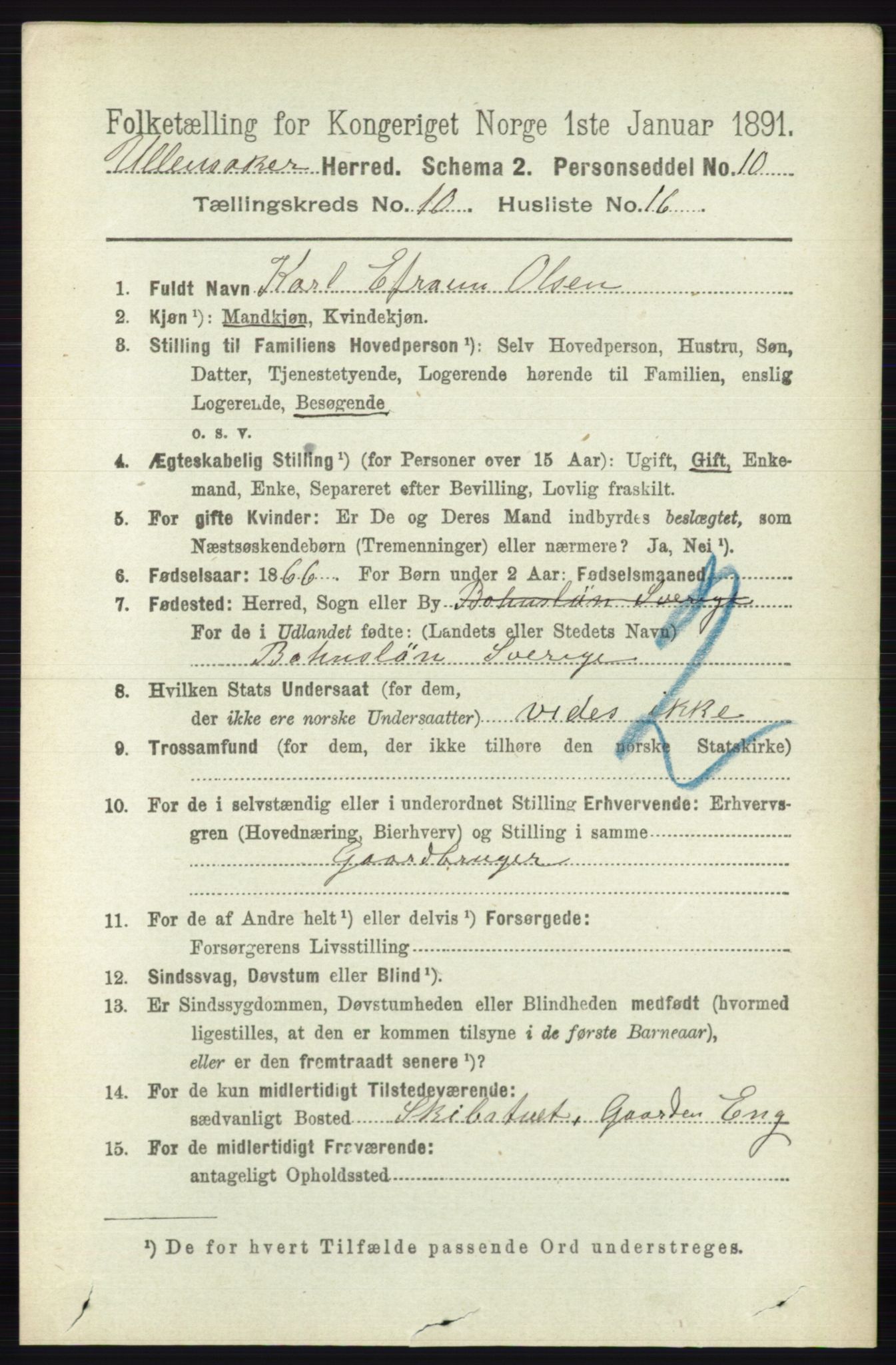 RA, 1891 census for 0235 Ullensaker, 1891, p. 4615