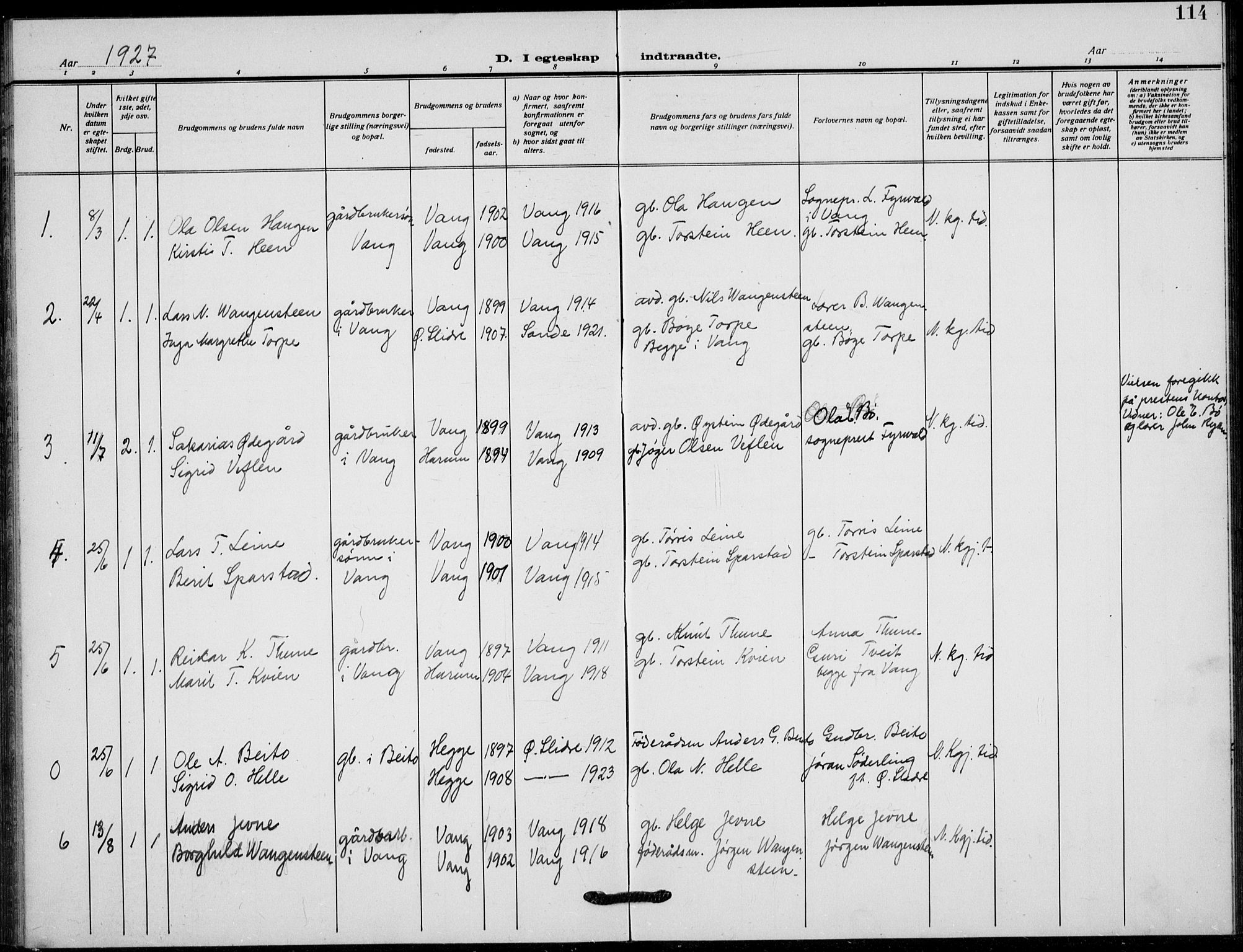 Vang prestekontor, Valdres, AV/SAH-PREST-140/H/Hb/L0012: Parish register (copy) no. 12, 1919-1937, p. 114