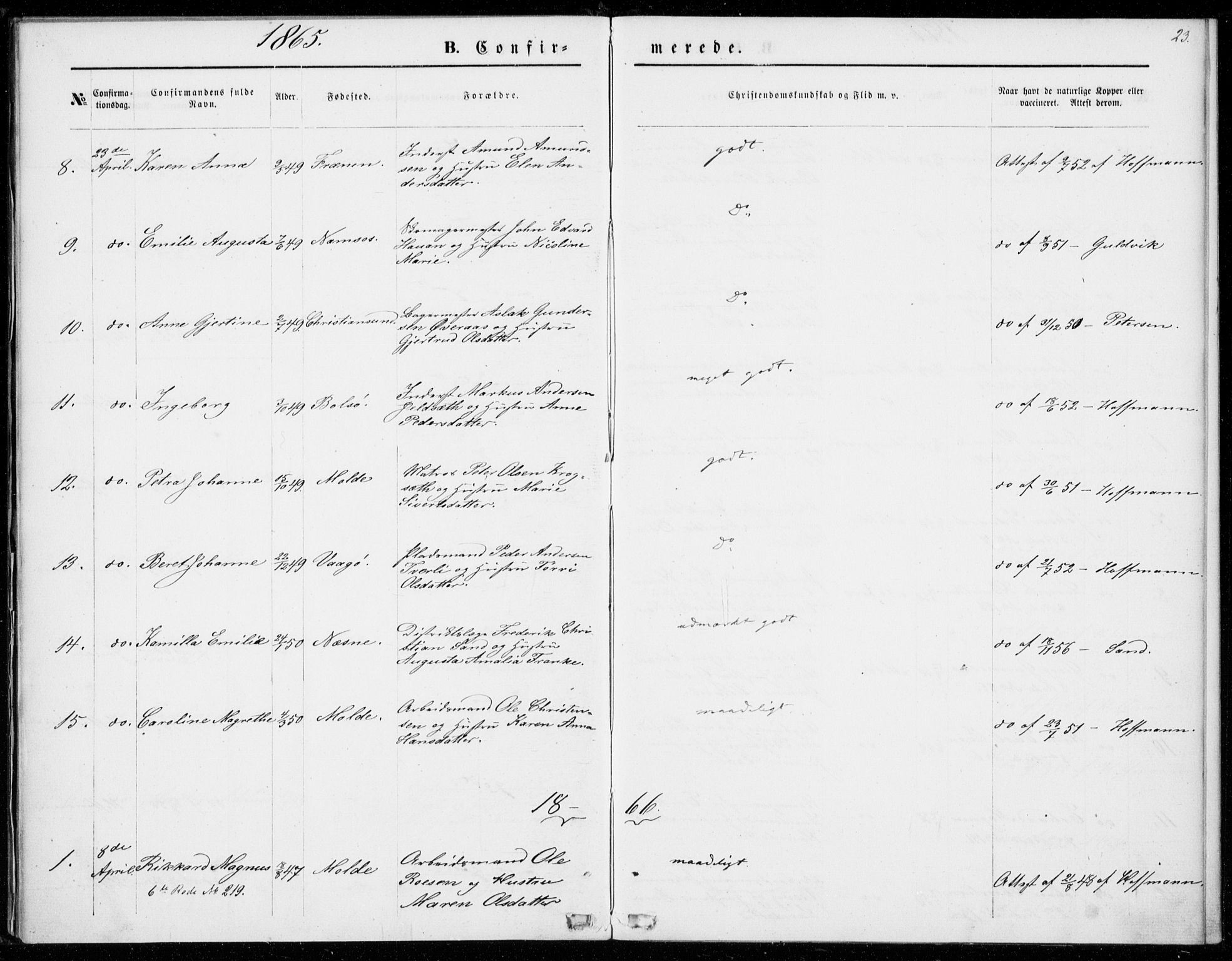 Ministerialprotokoller, klokkerbøker og fødselsregistre - Møre og Romsdal, SAT/A-1454/558/L0690: Parish register (official) no. 558A04, 1864-1872, p. 23