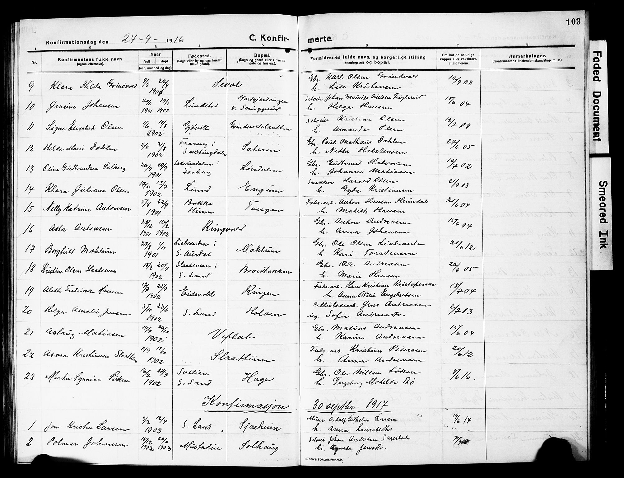 Vardal prestekontor, AV/SAH-PREST-100/H/Ha/Hab/L0015: Parish register (copy) no. 15, 1914-1931, p. 103