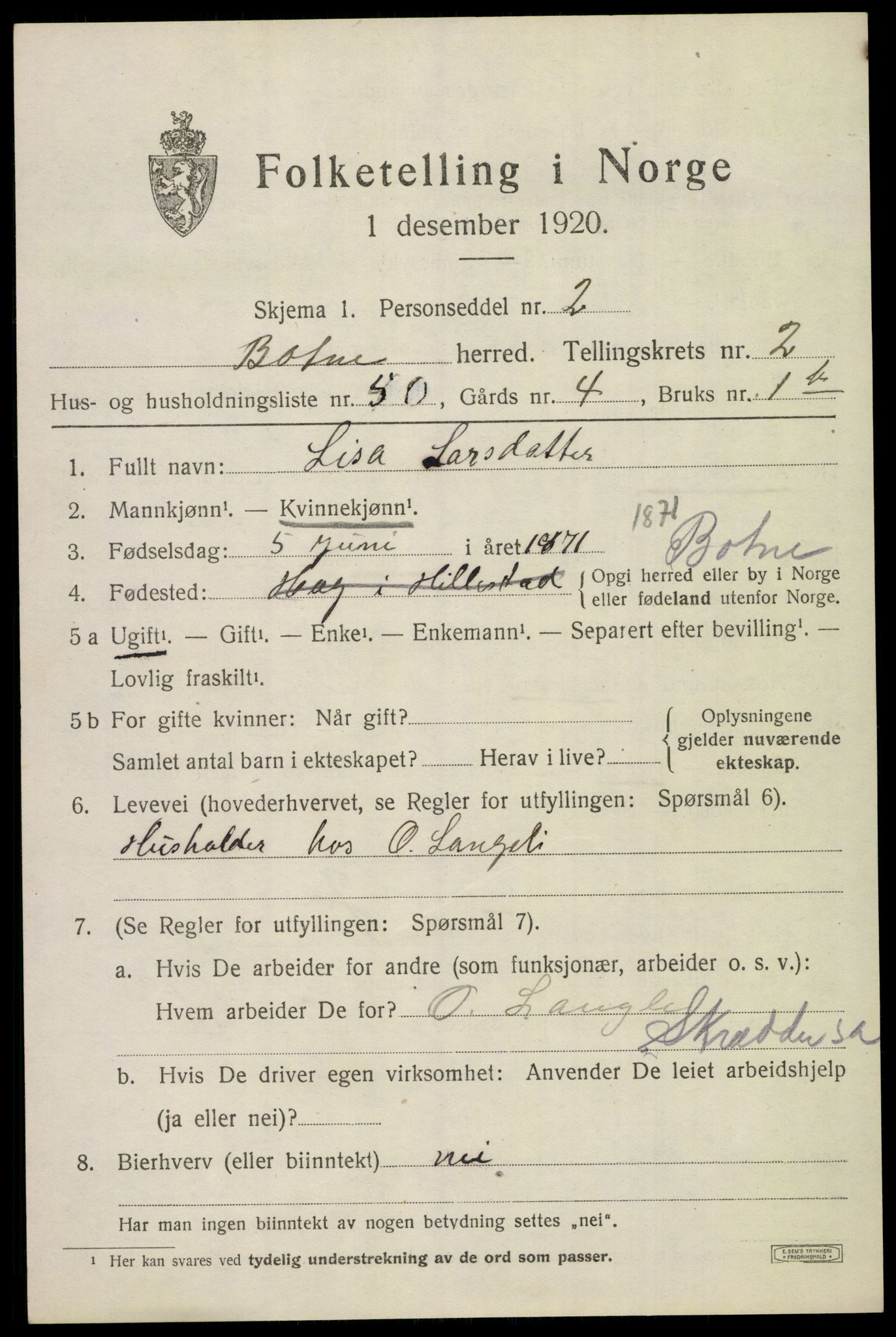 SAKO, 1920 census for Botne, 1920, p. 2939
