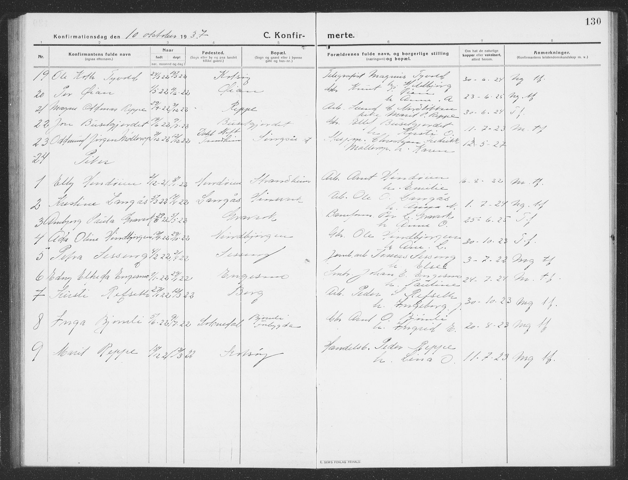 Ministerialprotokoller, klokkerbøker og fødselsregistre - Sør-Trøndelag, AV/SAT-A-1456/688/L1030: Parish register (copy) no. 688C05, 1916-1939, p. 130