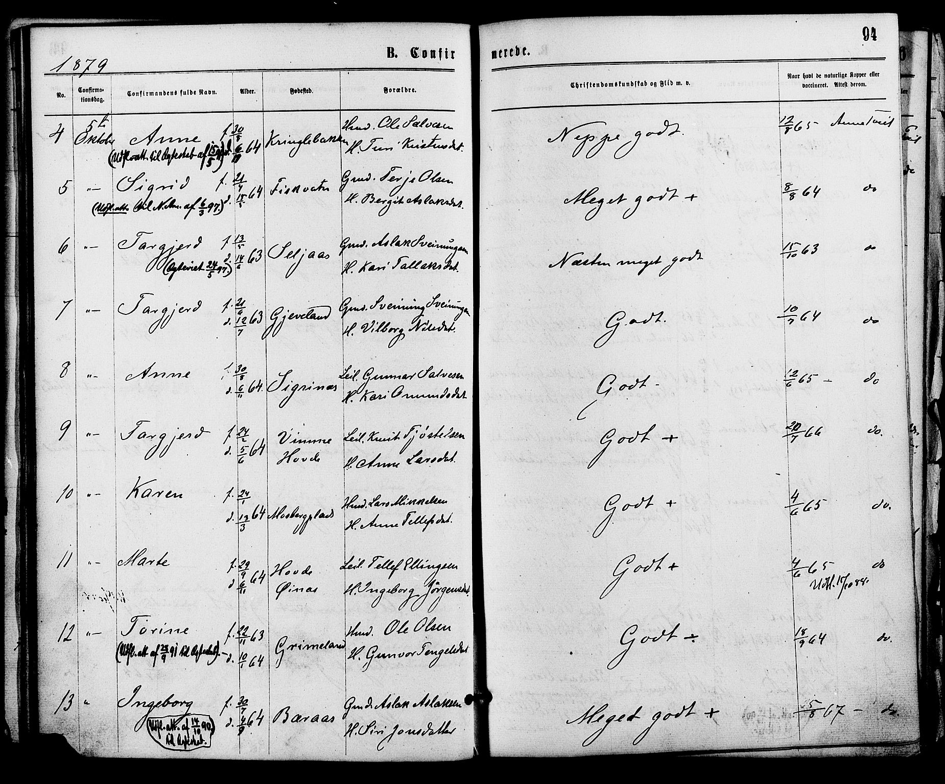 Åmli sokneprestkontor, AV/SAK-1111-0050/F/Fa/Fac/L0009: Parish register (official) no. A 9 /1, 1869-1884, p. 94