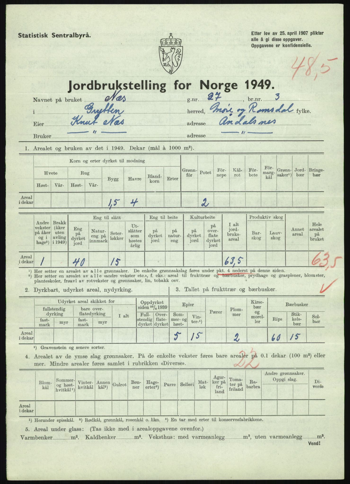 Statistisk sentralbyrå, Næringsøkonomiske emner, Jordbruk, skogbruk, jakt, fiske og fangst, AV/RA-S-2234/G/Gc/L0323: Møre og Romsdal: Grytten og Hen, 1949, p. 309